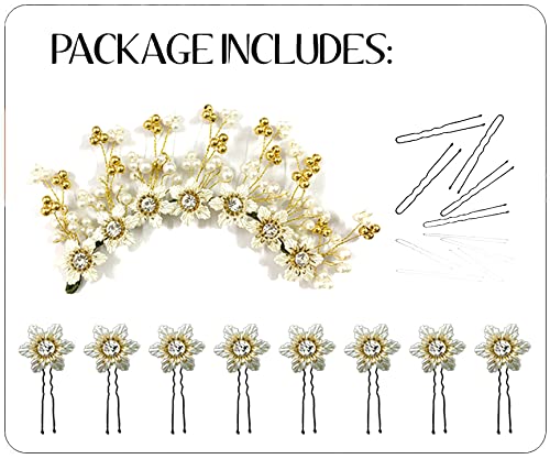 Elegant Pearl Hair Flair Hair Vien & Hair Pins Set - Golden Bridal Hair Accessories for Women & Girls (Combo 2208/2154) - Perfect for Weddings, Prom, Parties & Special Occasions