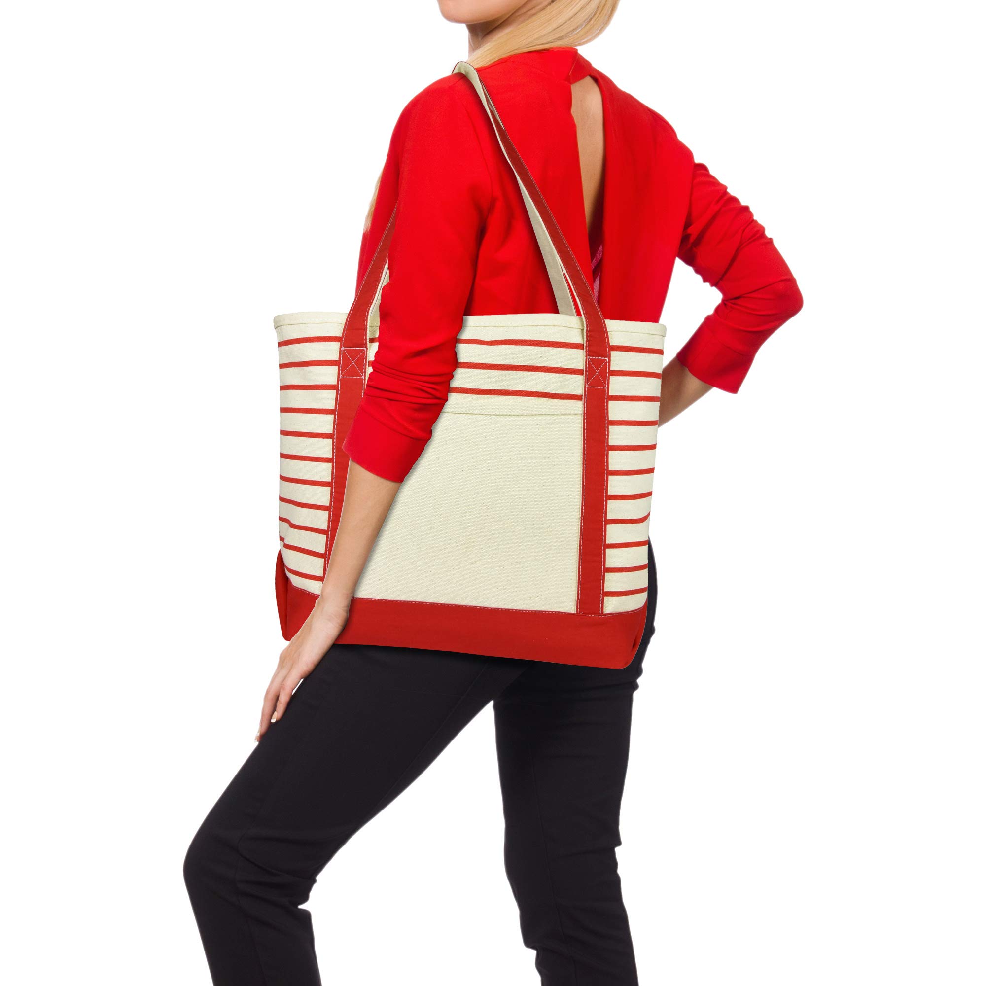 DALIX Medium Stripe Tote Bag - Red Cotton Canvas Shoulder Bag for Women | Stylish & Durable Handbag for Work, Travel & Shopping