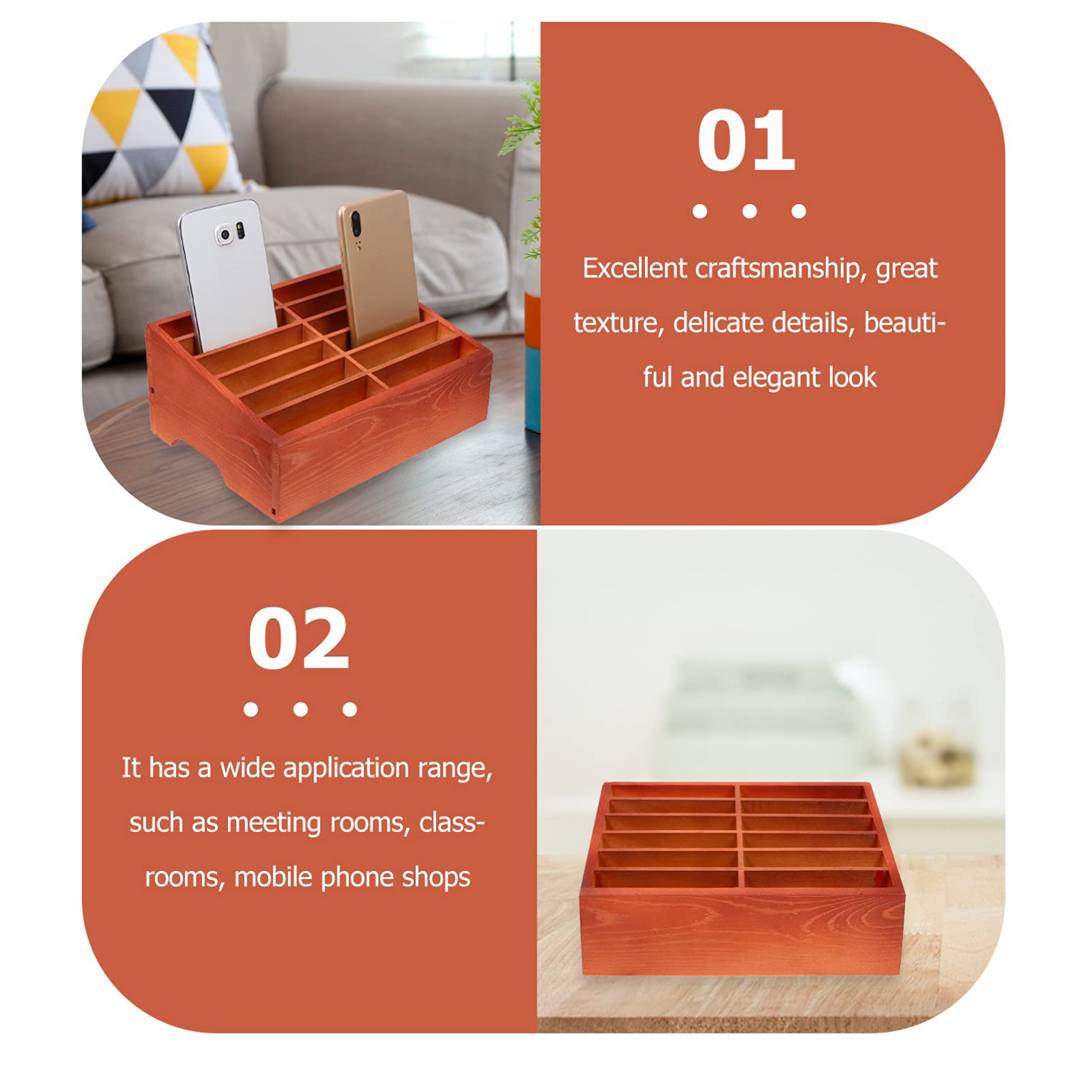 Wooden Desktop Phone Storage Organizer Box - 12 Grids Cell Phone Holder for Classroom, Office, Home & Dorm | Multi-Purpose Desktop Organizer for Smartphones, Keys & Stationery (Brown)