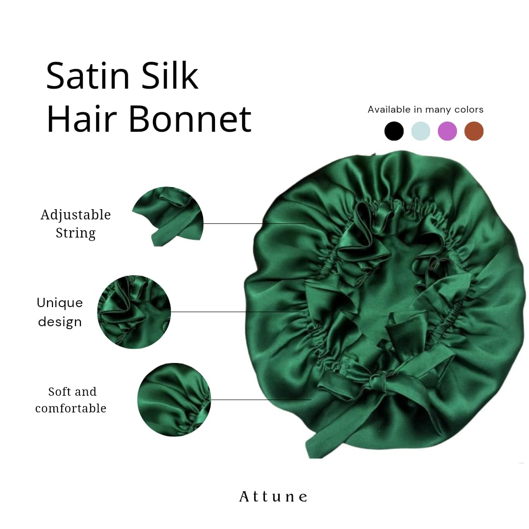 Attune Satin Silk Bonnet for Hair with 4 Premium Scrunchies - Adjustable Silk Sleep Cap for Curly & Natural Hair - Breathable Satin Hair Bonnet with Drawstring (Green) | Perfect for Nighttime Hair Protection & Styling