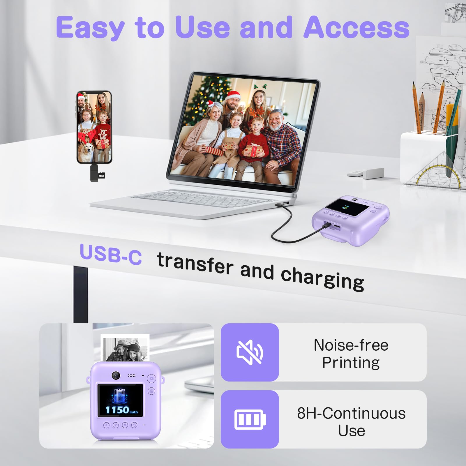 **48MP Kids Instant Print Camera with Dual Lens - 1080P Selfie Digital Camera for Boys & Girls, Includes 32GB Card - Perfect Christmas & Birthday Gift (Purple) - Fun for Travel, Parties & Creative Play**