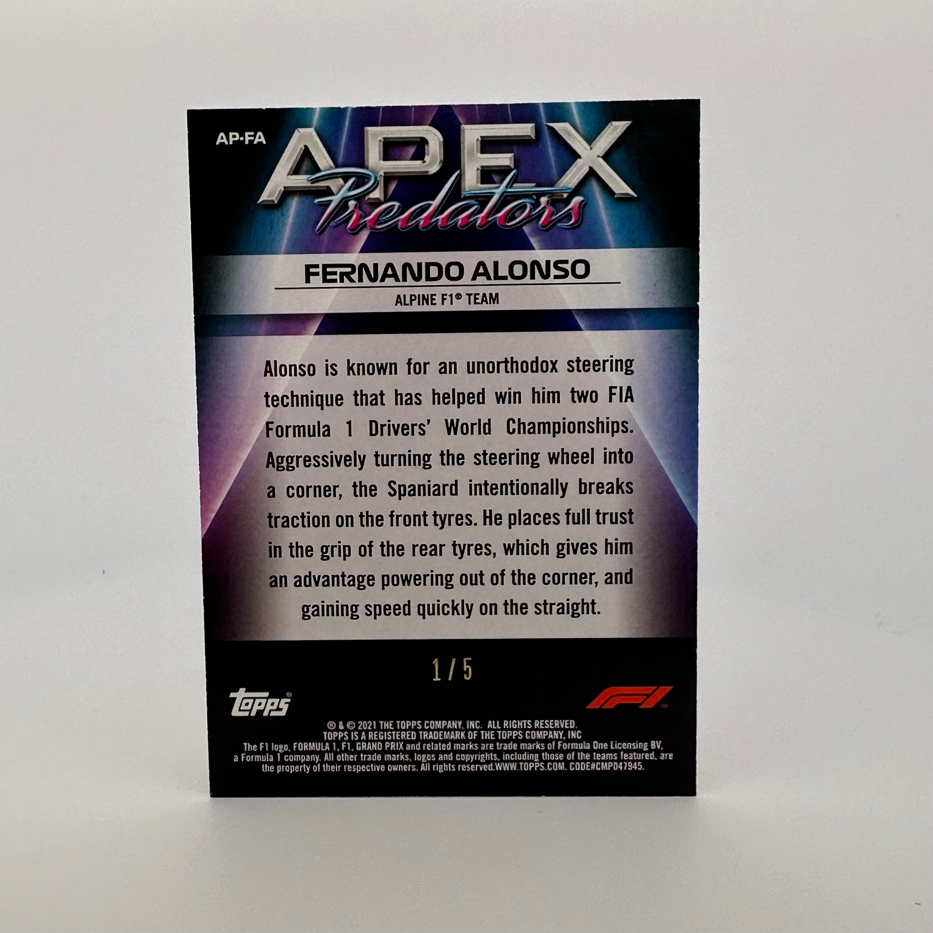 1/5 Scale Fernando Alonso #APFA 2021 Formula 1 Apex Predators Collectible Model Car - Perfect for Racing Fans, Display Cases, and Gift Giving