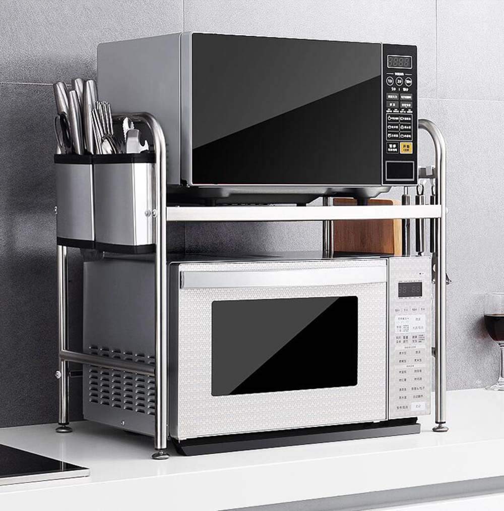 Stainless Steel Microwave Oven Rack with 6 Hooks - Heavy Duty 20KG Capacity Kitchen Shelf for Countertop, Rice Cooker & Small Appliances Storage - Perfect for Small Spaces & Organized Kitchens