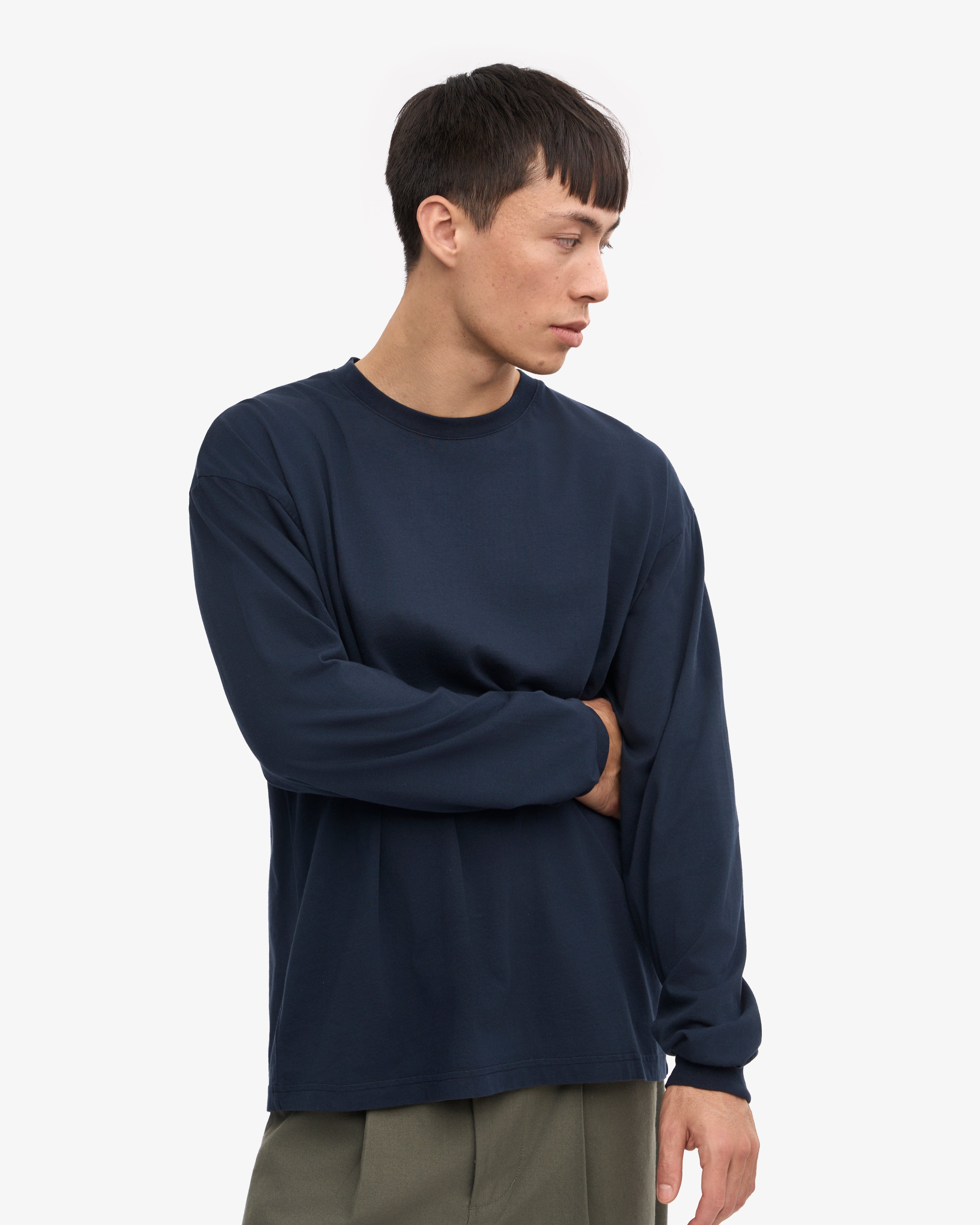 Oversized Organic Long Sleeve T-Shirt for Women - Soft Cotton Crewneck Top in Navy Blue - Perfect for Casual Wear, Layering & Everyday Comfort
