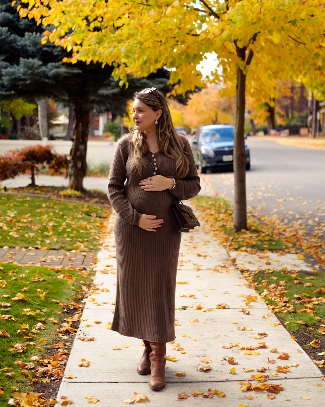 OUGES Women's Wool Blend Maternity Sweater Dress - Winter 2025 V-Neck Long Sleeve Slim Fit Ribbed Knit Midi Bodycon Dress for Pregnancy Comfort | Perfect for Holiday Parties, Baby Showers & Cozy Winter Outfits