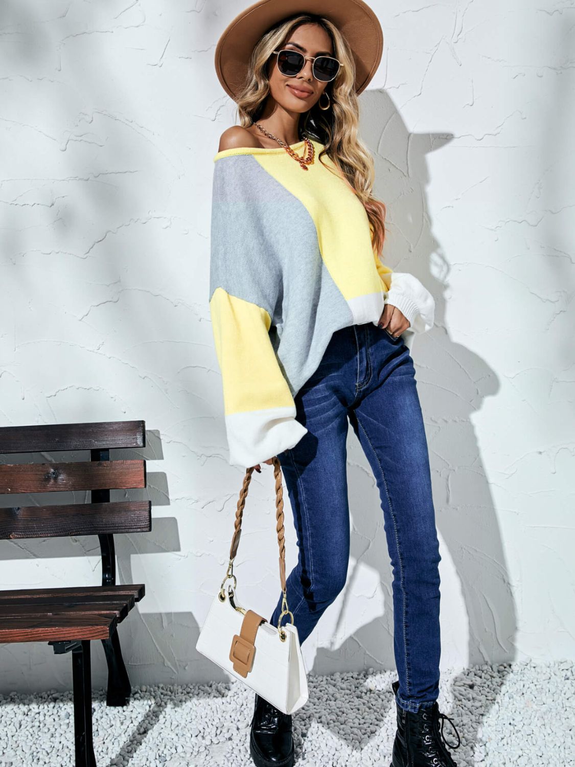 Stylish Color Block Balloon Sleeve Boat Neck Sweater for Women | Trendy Fall Winter Pullover | Perfect for Office, Date Night & Casual Outfits