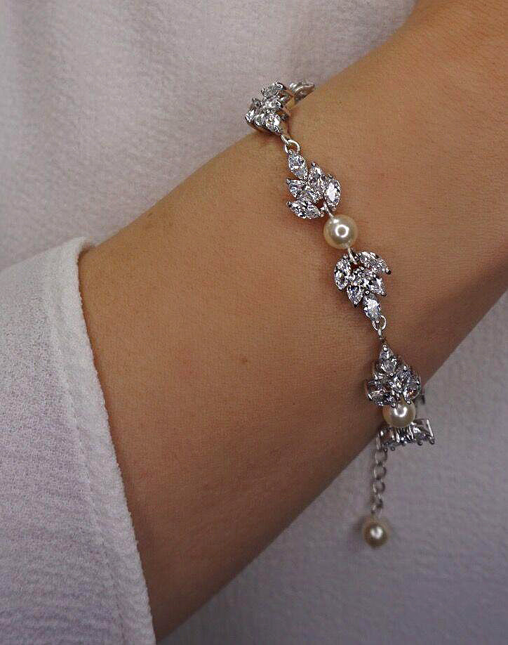 Elegant Stephanie Browne Bridal Bracelet - Boho Pearl & Crystal Leaf Wedding Jewelry for Bridesmaids, Engagement, and Special Occasions