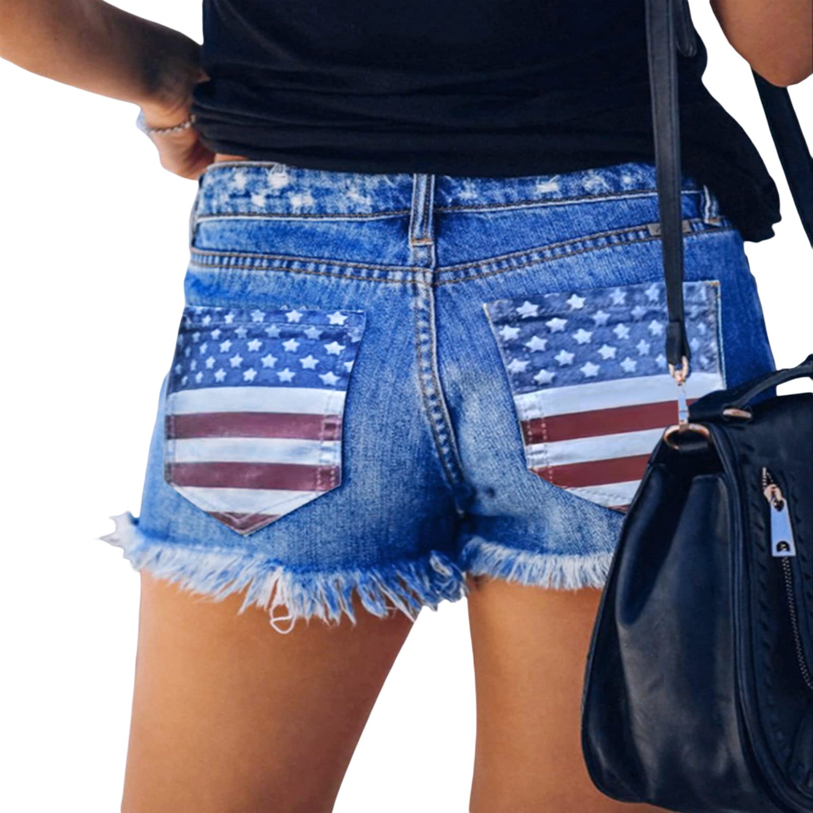 4th of July Women's Low-Rise American Flag Print Distressed Denim Shorts - Casual Ripped Raw Hem Jean Shorts for Summer BBQ, Beach & Patriotic Events
