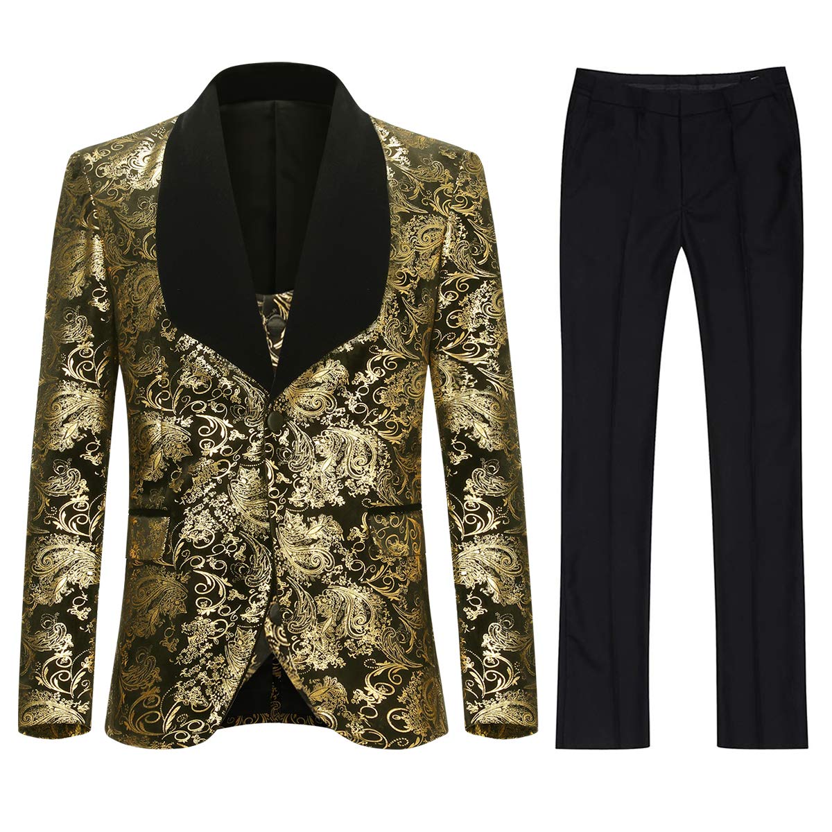 YFFUSHI Men's 3-Piece Slim Fit Suit Set - Shawl Collar Floral Printed Jacket, Vest & Dress Pants | Formal Wedding, Business Attire & Special Occasions