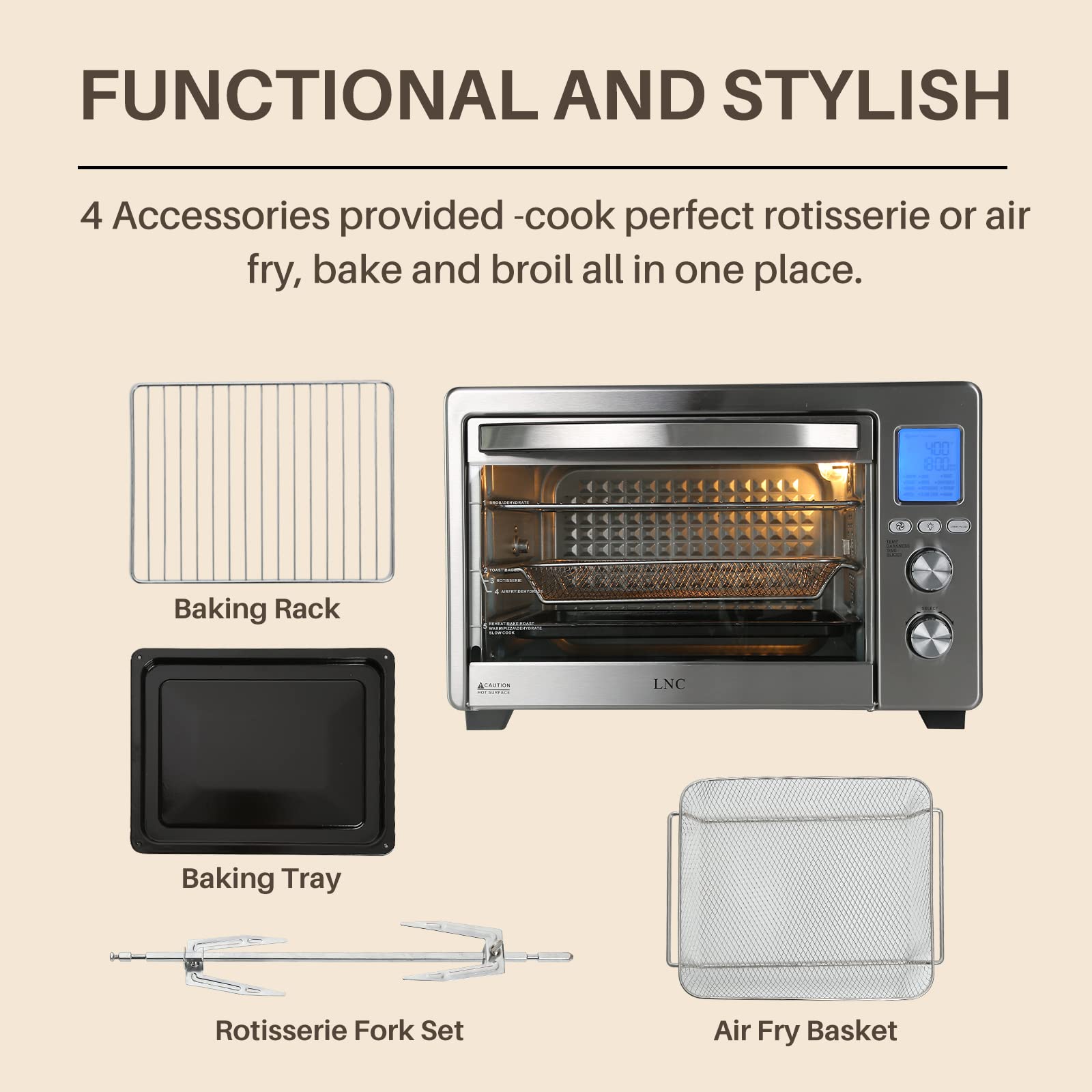 LNC 34QT Extra Large 1750W Toaster Oven Air Fryer with 12 Cooking Functions, Convection Countertop Oven for Baking, Roasting & Reheating - Perfect for Kitchens, Dorms & Small Spaces (Model A05000B)