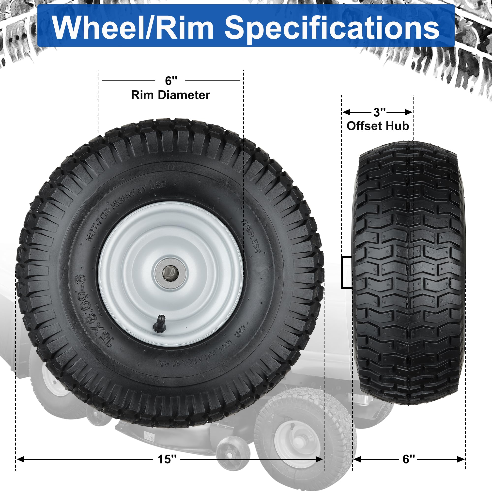 15x6.00-6 Tubeless Lawn Mower Tires (2 Pack) - 4 Ply Heavy Duty Garden Tractor Tires with 3