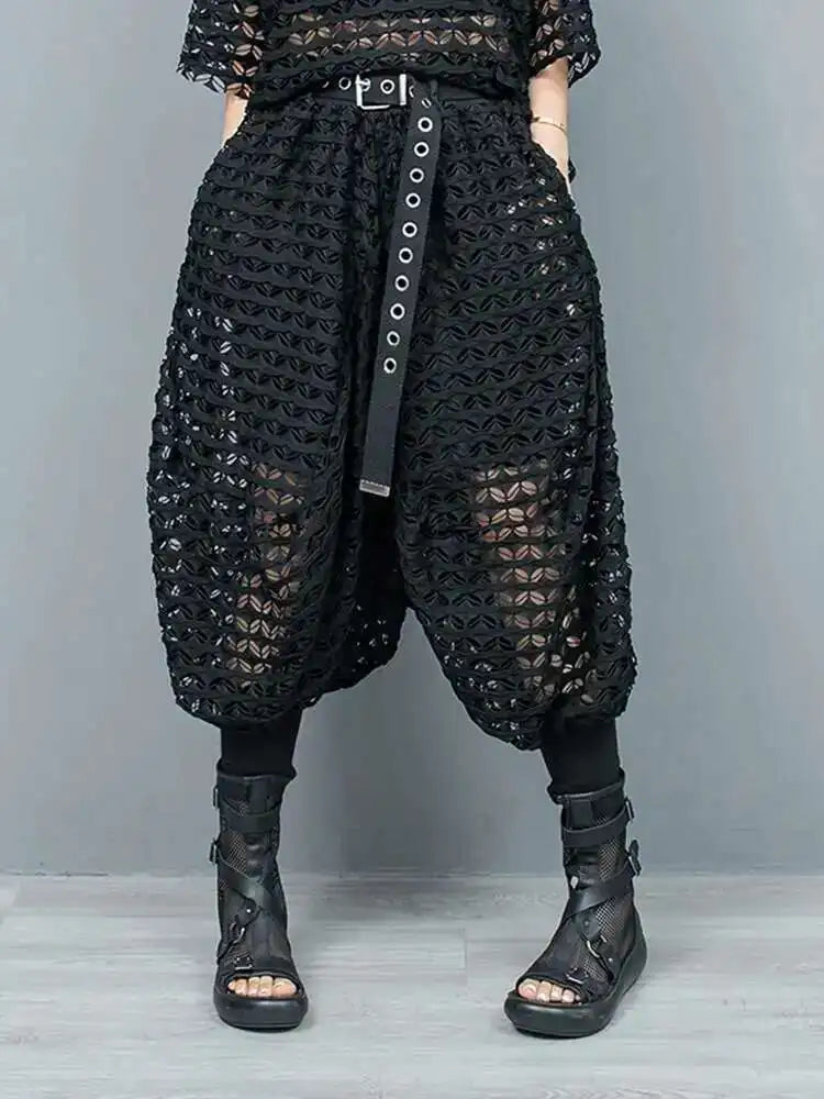 Big Size Mesh T-Shirt & Wide Leg Pants Two-Piece Set - Women's Fashion Round Neck Short Sleeve Outfit for Spring Summer 2025 | Casual Wear, Beach Vacation, Street Style (Style# 1DH6432)