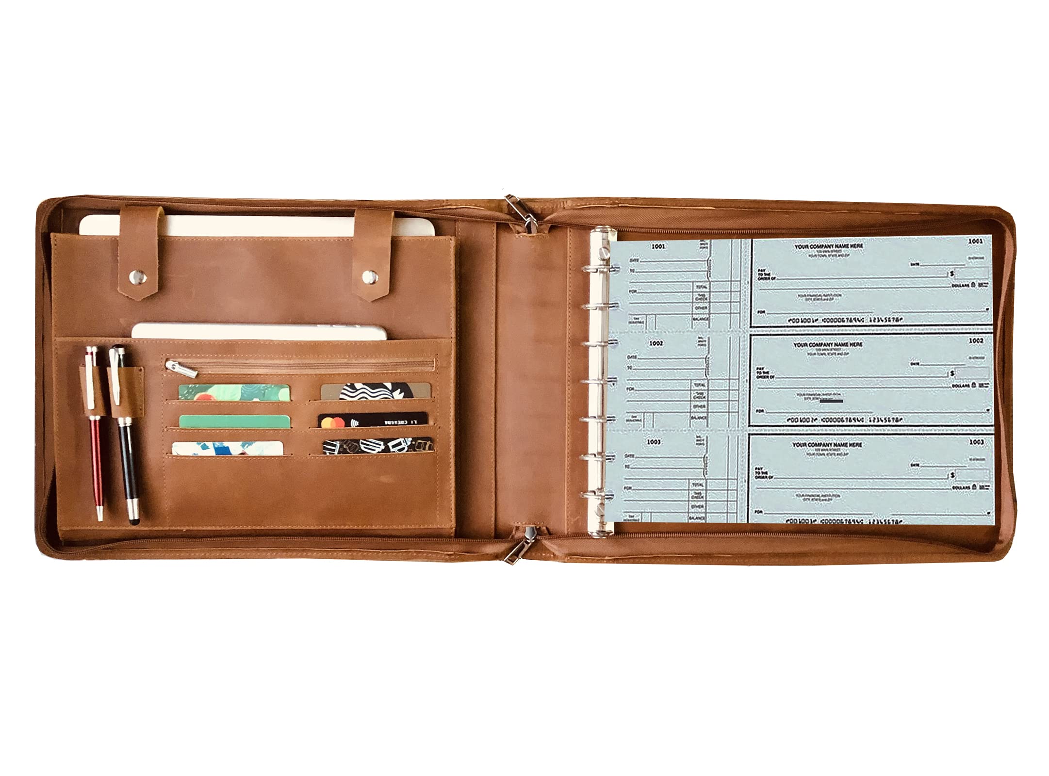 Premium Leather Business Check Binder - 7-Ring Zippered Checkbook Cover with Custom Name/Logo - Holds 600 Checks for 9x13 Sheets - Ideal for Office, Banking & Financial Professionals