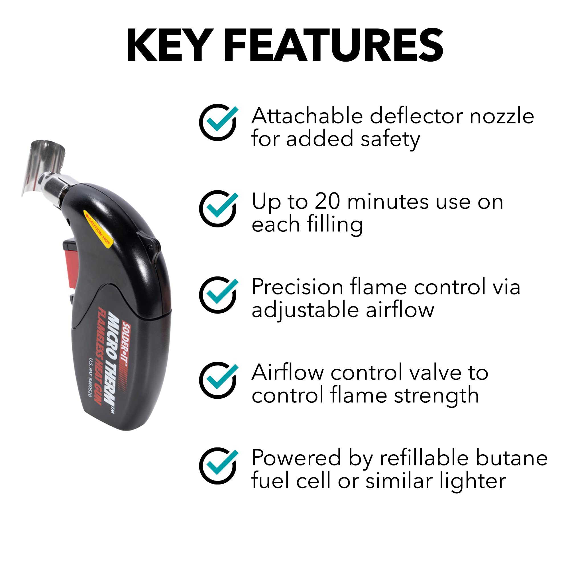 Micro Therm Butane Heat Gun (MJ-600) - Flameless Mini Heat Gun with Detachable Heat Deflector, Piezo Ignition & Refillable Butane Tank | Perfect for Heat Shrink Tubing, PVC Pipe Bending, DIY Crafts, Electronics Repair & Home Improvement Projects