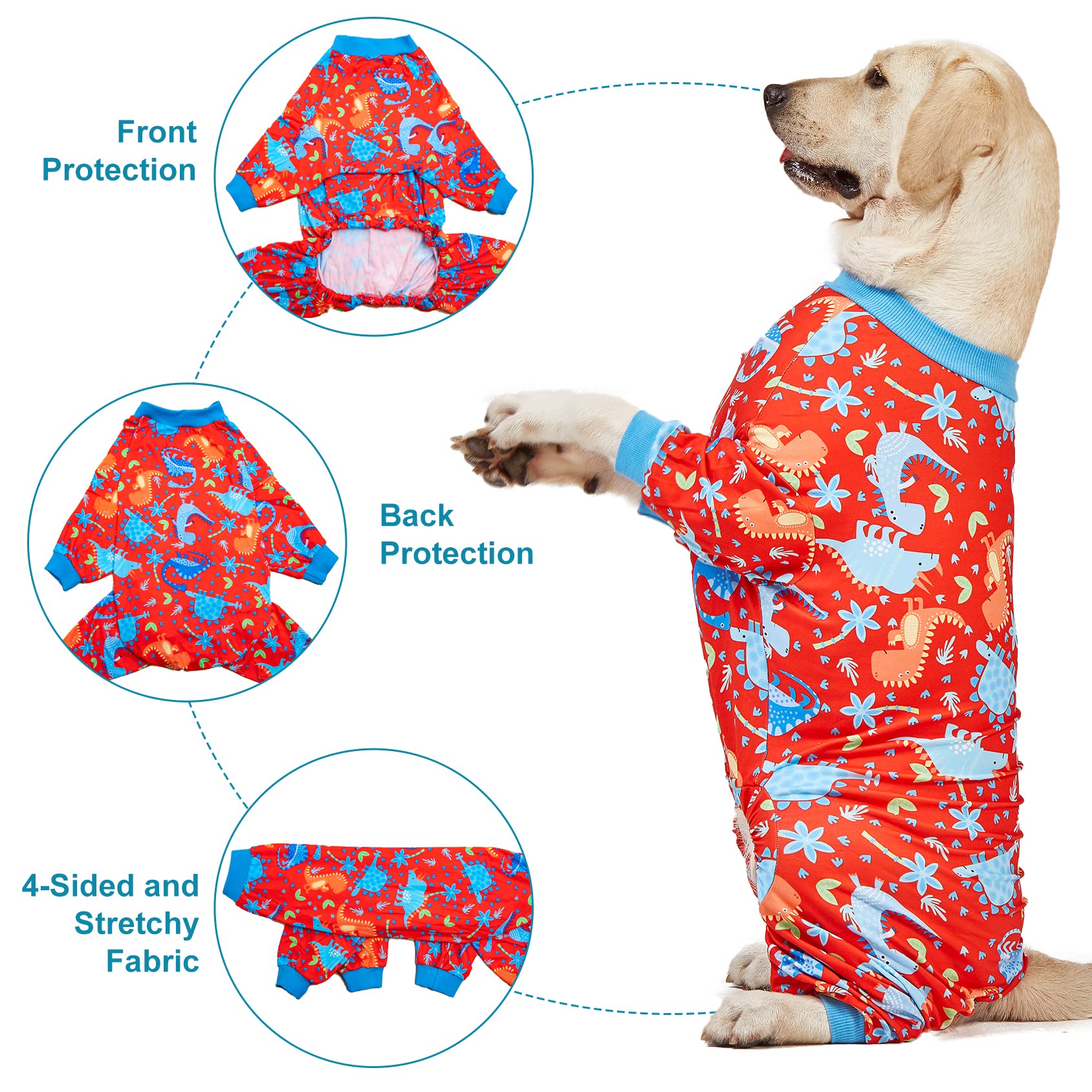 LovinPet Pitbull Dog Pajamas - Large Dog Onesies for Surgery & Wound Care, Lightweight Stretchy Knit Dinosaur Print Pajamas with UV Protection - XL Dog Costume for Anxiety Relief & Comfort | Perfect for Post-Surgery Recovery, Winter Warmth, and Pet Photo Shoots