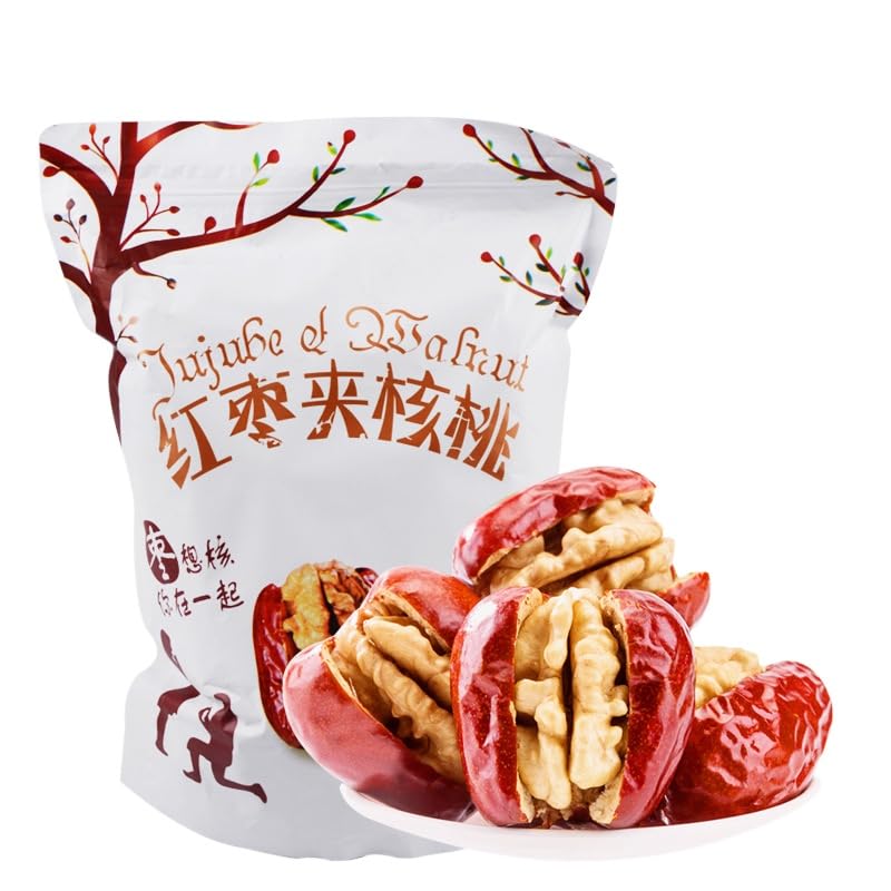 Premium Organic Red Jujube with Walnut Kernels - 500g Natural Dried Chinese Date Snacks for Energy Boost, Healthy Office Snacking & Gift Giving