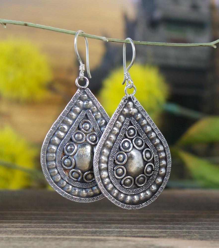 Handmade Hill Tribe Silver Teardrop Earrings - Tribal Boho Jewelry for Women - Perfect for Festivals, Weddings & Everyday Wear