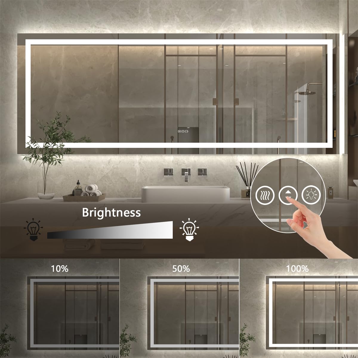ExBrite 96x36 Inches LED Bathroom Mirror with Anti-Fog & Dimmable Light - Wall Mounted Vanity Mirror with Dual Lighting Modes, Tempered Glass - Perfect for Modern Bathrooms, Dressing Rooms & Makeup Areas