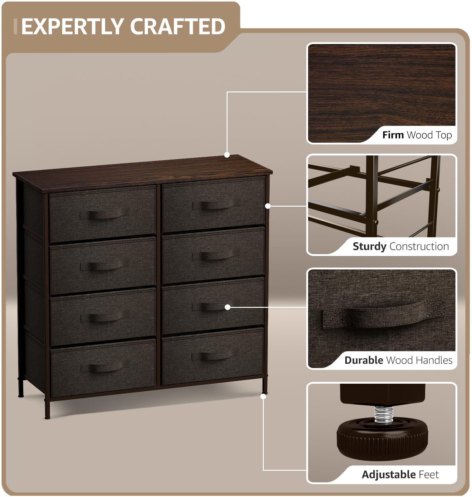 Sorbus 8-Drawer Dresser Organizer - Sturdy Steel Frame with Wood Top & Easy Pull Fabric Bins for Clothes Storage - Large Bedroom, Living Room, Nursery, Closet Organizer Furniture for Home Organization