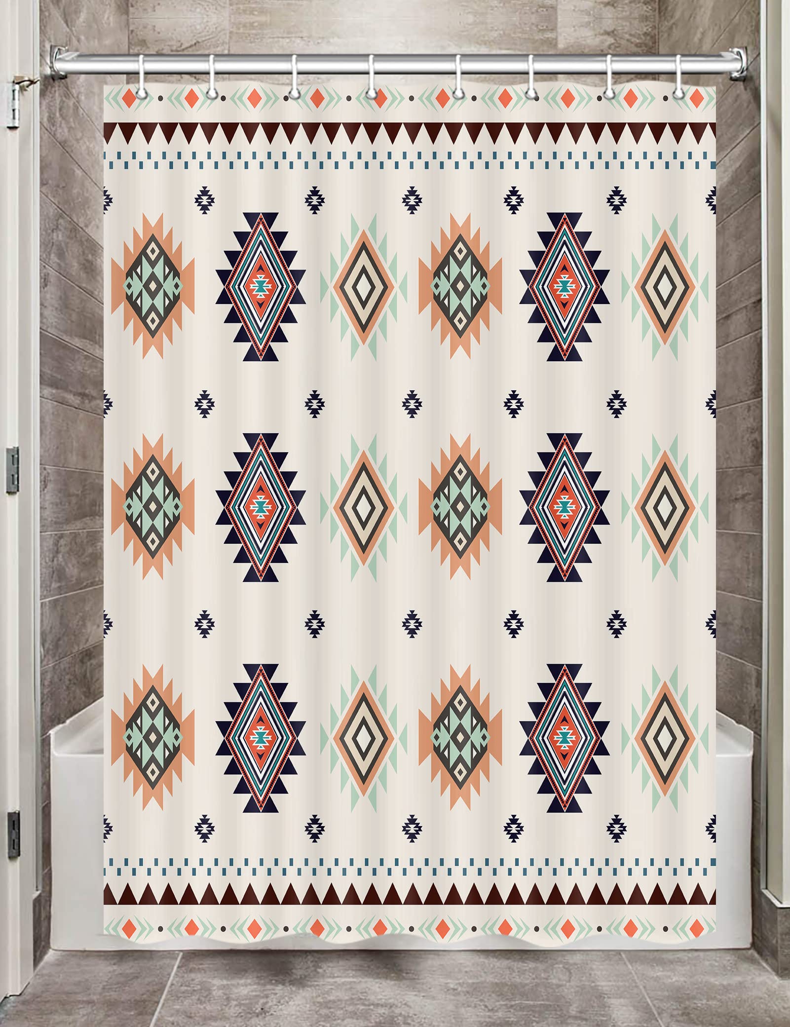 Aztec Western RV Shower Curtain Set - 47x64 Inch Beige Southwestern Camping Fabric Shower Curtain with Hooks for Travel Trailers & Small Bathrooms | Waterproof Outdoor Decor for Campers, Cabins & Tiny Homes