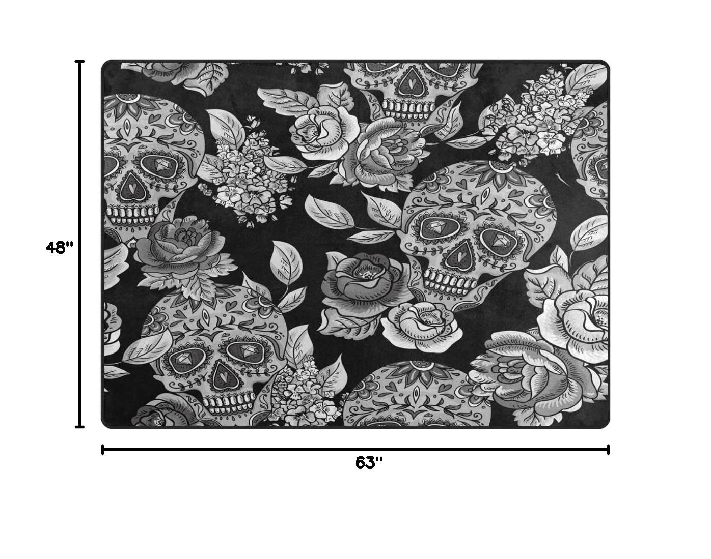 ALAZA Monochrome Floral Sugar Skull Day of The Dead Rug - 5'3 x 4' Non-Slip Area Rug for Living Room, Bedroom, Dorm - Mexican Folk Art Home Decor for Halloween, Dia de los Muertos Celebration