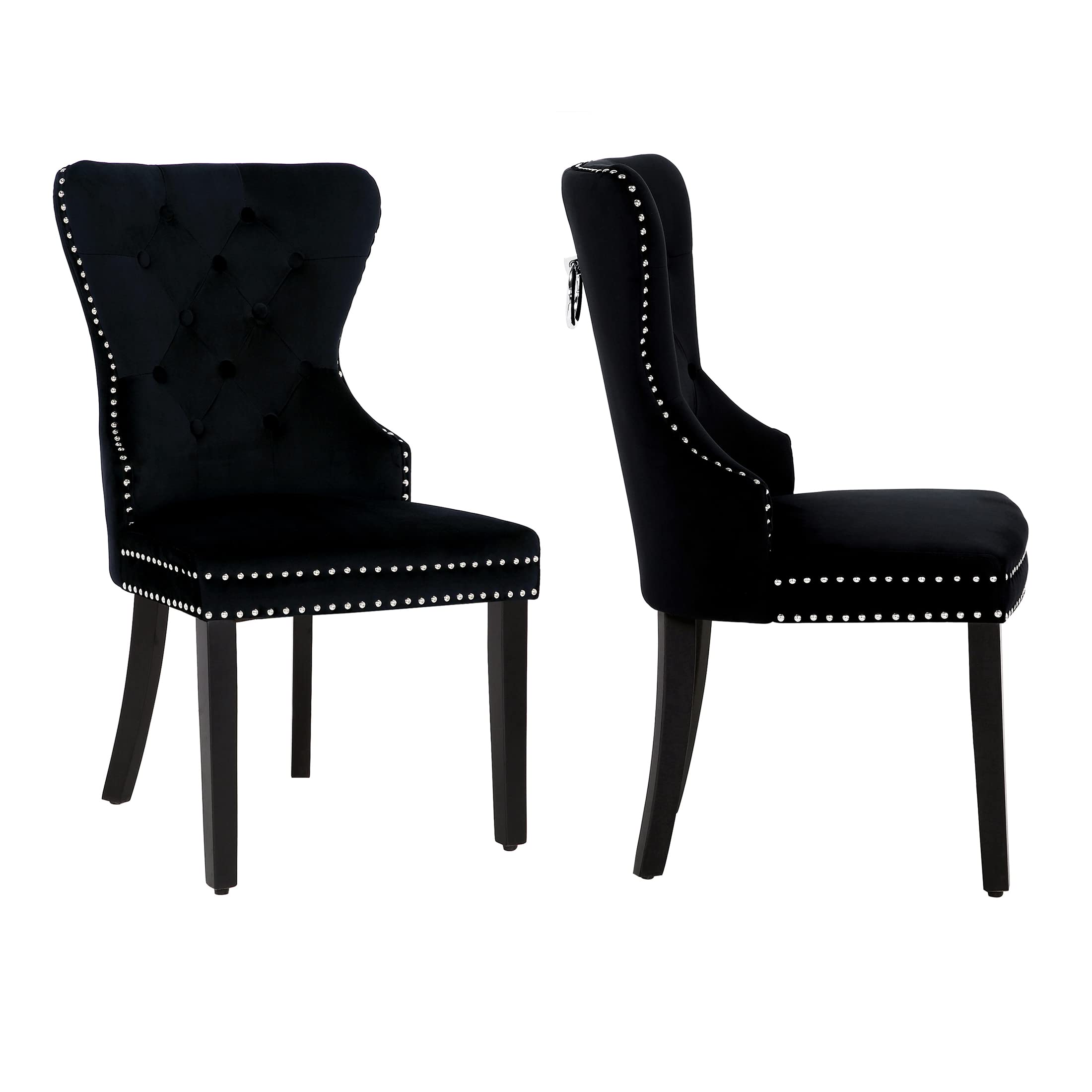 WestinTrends Velvet Dining Chairs Set of 2 - Modern Wingback Upholstered Button Tufted Kitchen & Dining Room Chairs with Solid Wood Legs & Pull Ring, Black - Perfect for Home, Restaurant, and Office Use