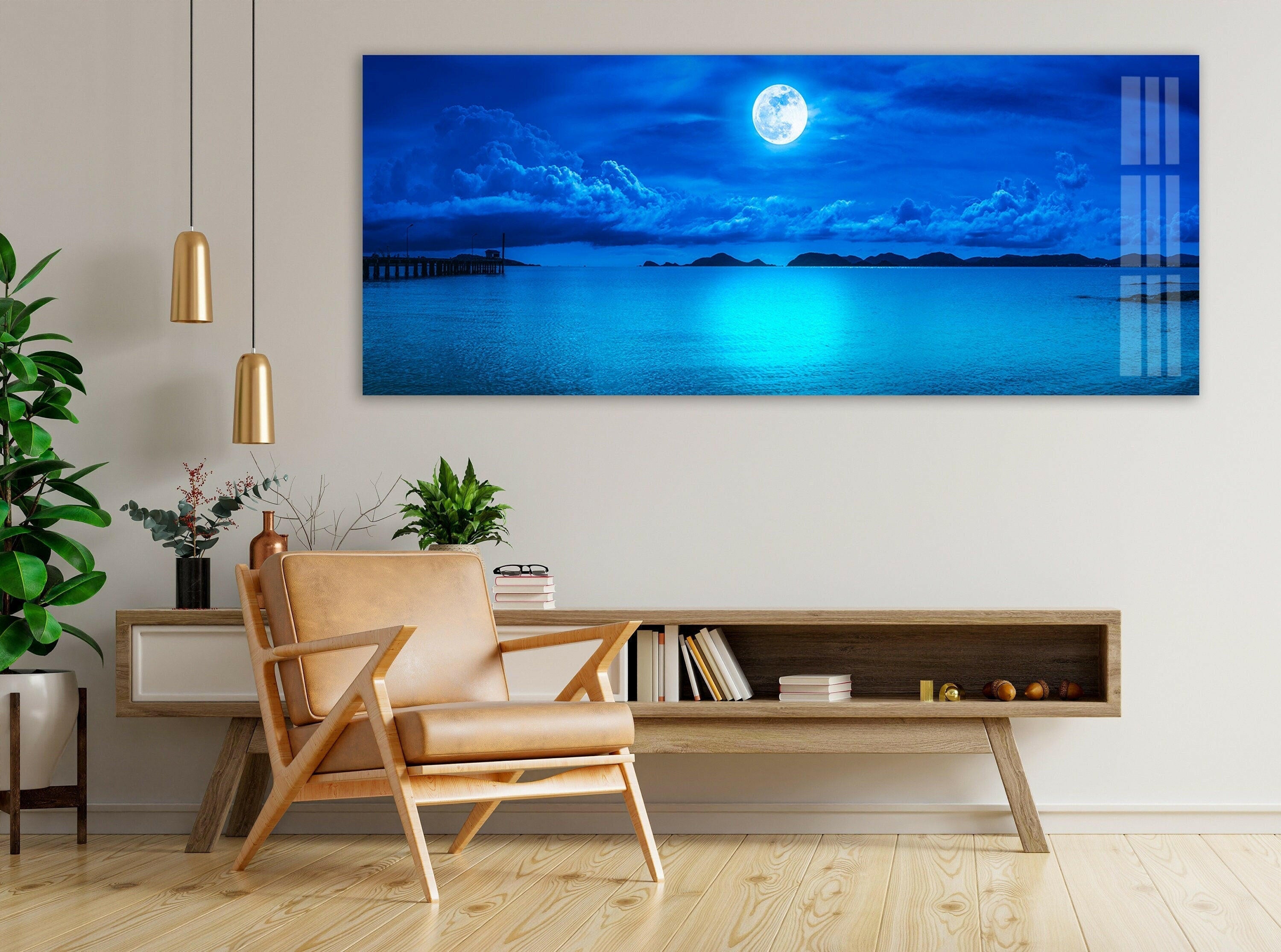Blue Full Moon & Ocean Landscape Glass Wall Art - Stunning Home Decor for Living Room, Bedroom, or Office