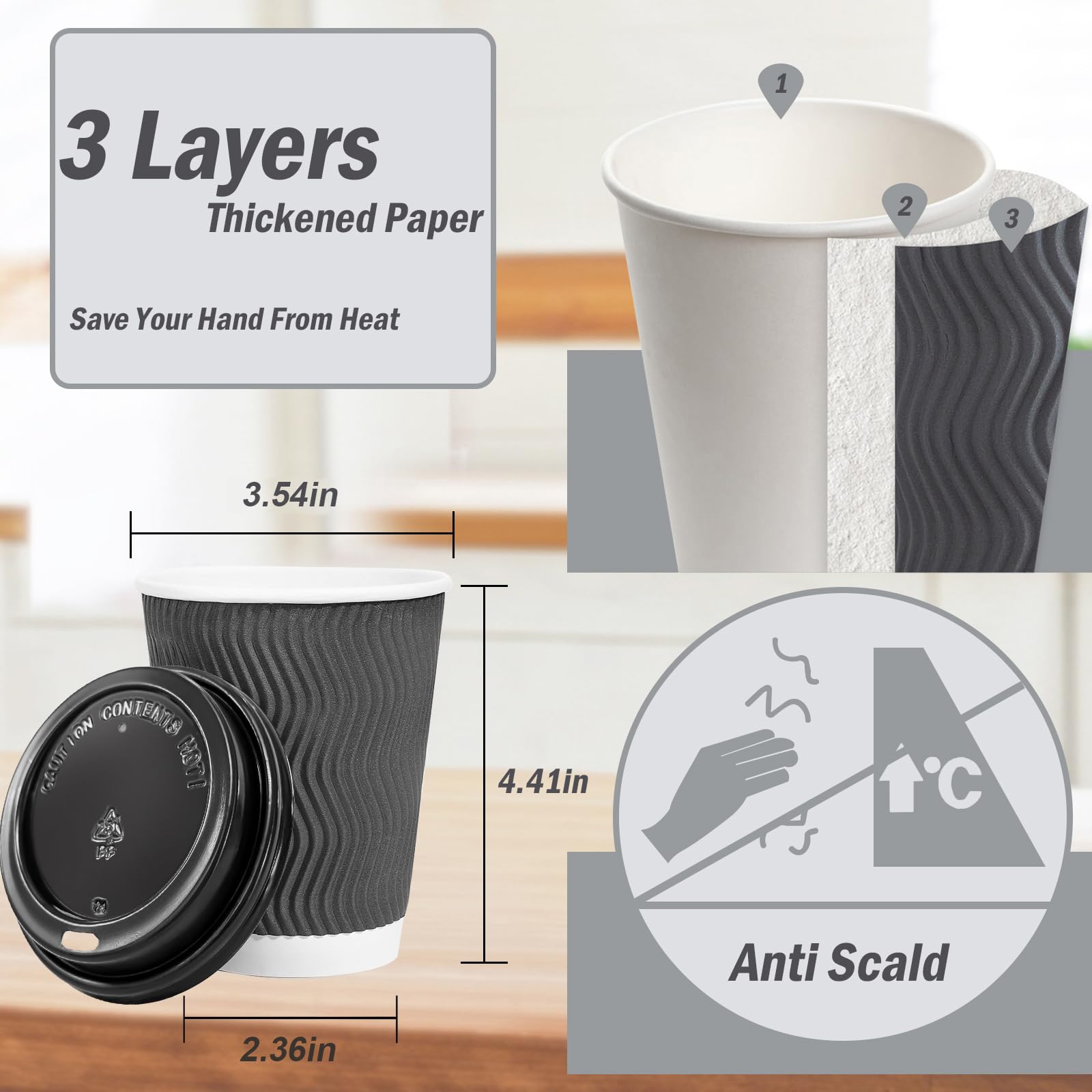 Lamosi 500 Pack - 12 oz Insulated Disposable Coffee Cups with Lids, To-Go Paper Coffee Cups for Hot Drinks, Corrugated Ripple Wall Design for Office, Coffee Bar, Cafes, and Takeout - Grey