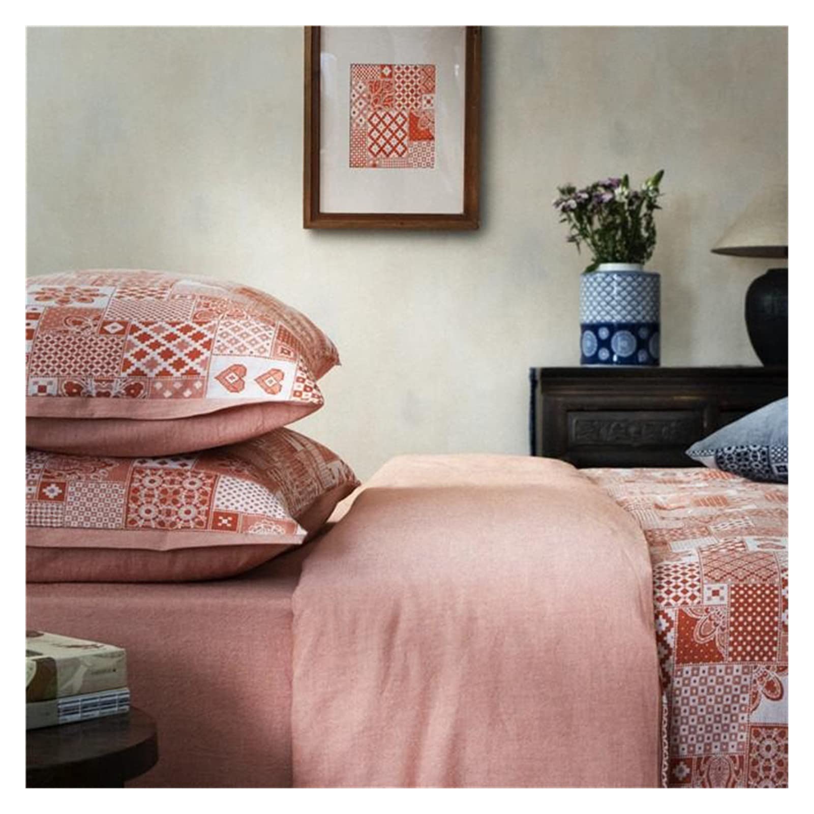 TOMYEUS Blue Plaid Patchwork Duvet Cover Set - 4Pcs Queen/King Size Soft Washed Cotton Bohemian Bedding | Includes Comforter Cover, Fitted Sheet & Pillowcases | Perfect for Cozy Bedroom Decor & Guest Room Styling