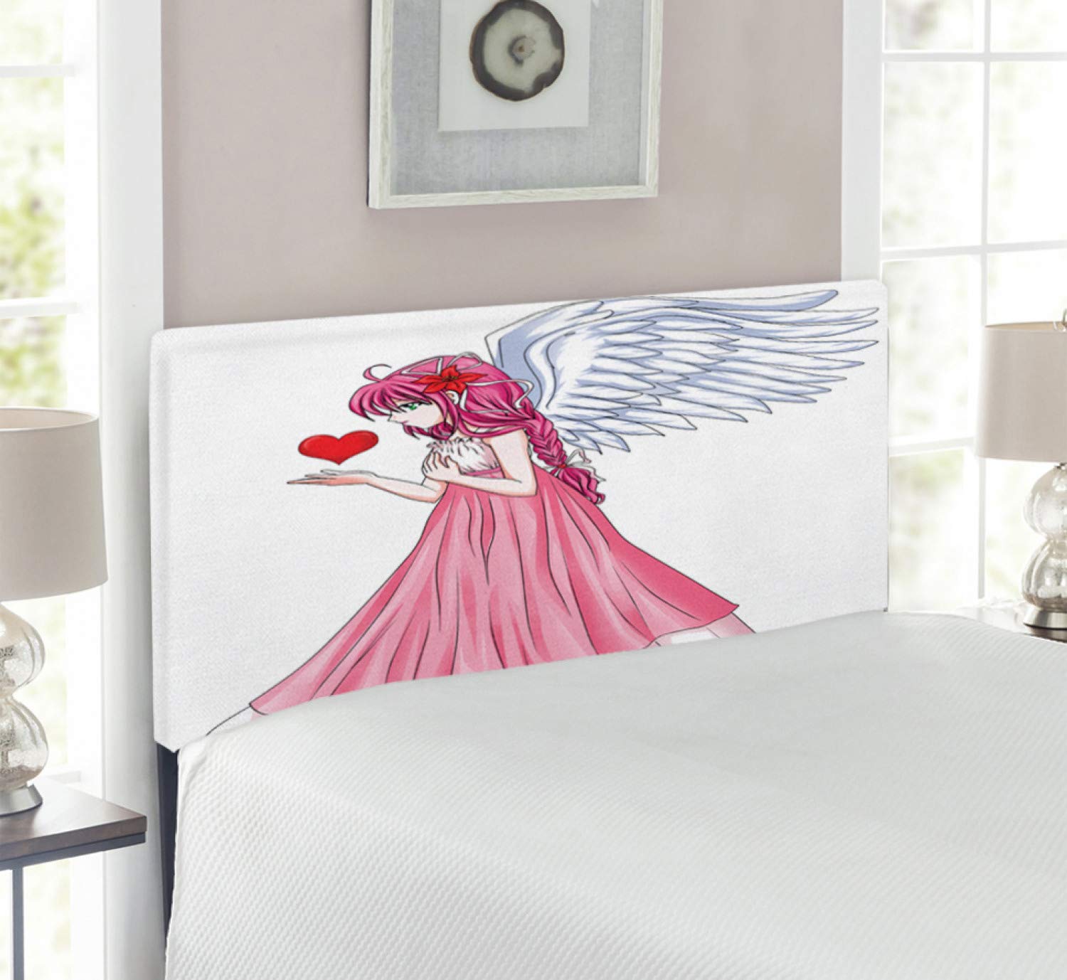 Ambesonne Anime Headboard - Romantic Angel in Pink Dress Holding Heart, Upholstered Metal Bed Headboard with Memory Foam, Twin Size, Pink Red White | Perfect for Valentine's Day Gifts, Anime Bedroom Decor & Girls' Room Makeover