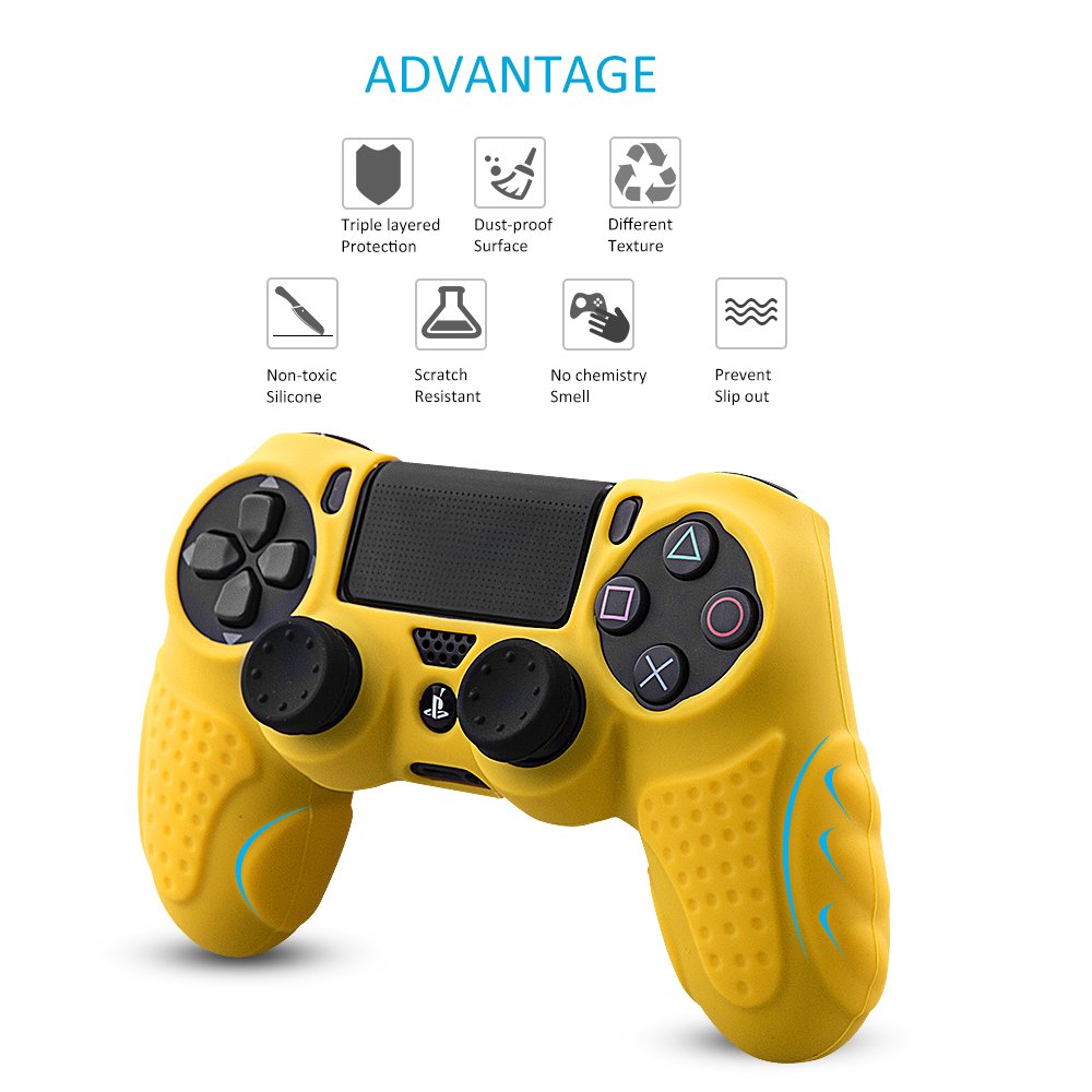 Premium Anti-Slip Silicone Cover for Sony PS4/PS4 Slim/PS4 Pro Controller - CHINFAI DualShock4 Skin Grip with 8 Thumb Grips (Yellow) - Enhanced Gaming Comfort & Protection for Long Play Sessions