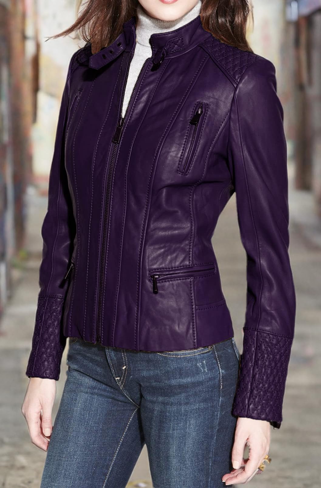 Genuine Leather Jacket for Women - Stylish Zip-Up Moto Biker Coat with Trendy Fashion Design | Perfect for Motorcycle Riding, Casual Outfits & Night Out Looks (Size 32)