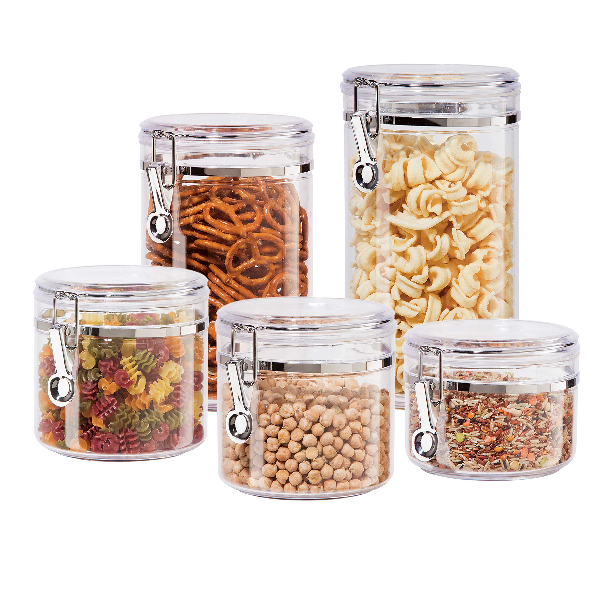 Oggi 5-Piece Clear Airtight Canister Set with Clamp Lids - Perfect for Kitchen & Pantry Storage of Flour, Sugar, Coffee, Rice, Tea, Spices & Herbs - Ideal for Baking, Cooking & Organizing Dry Foods