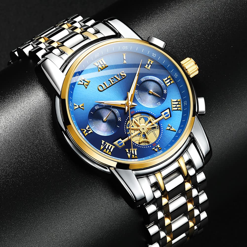 OLEVS Men's Stainless Steel Multifunction Watch - Waterproof Luminous Chronograph with Date Display, Classic Casual Dress Wristwatch for Business, Outdoor & Daily Wear
