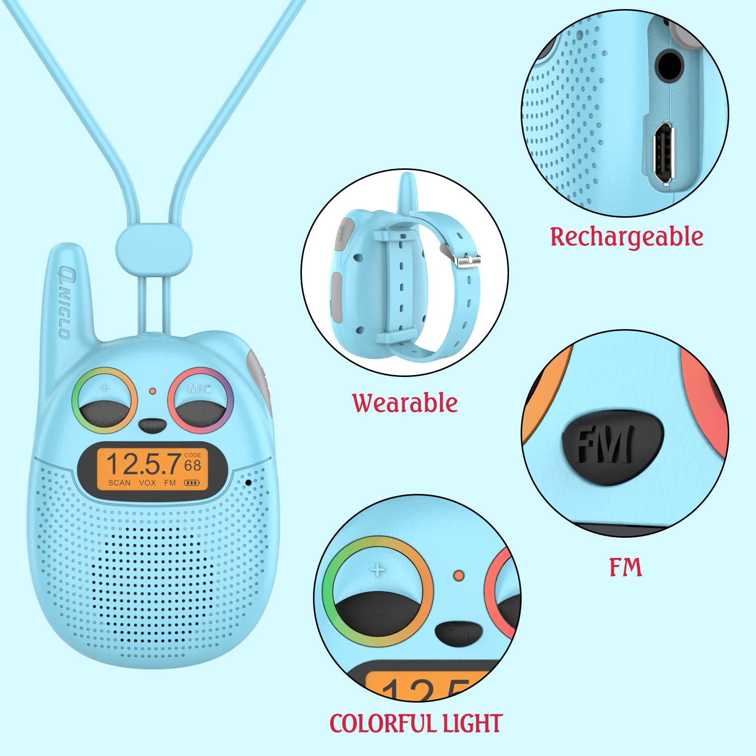 Qniglo Kids Walkie Talkies 4 Pack - Rechargeable Wrist Walkie Talkies for Boys & Girls Ages 3-12 | Perfect Christmas & Birthday Gifts | Great for Camping, Hiking, Outdoor Adventures & Family Activities