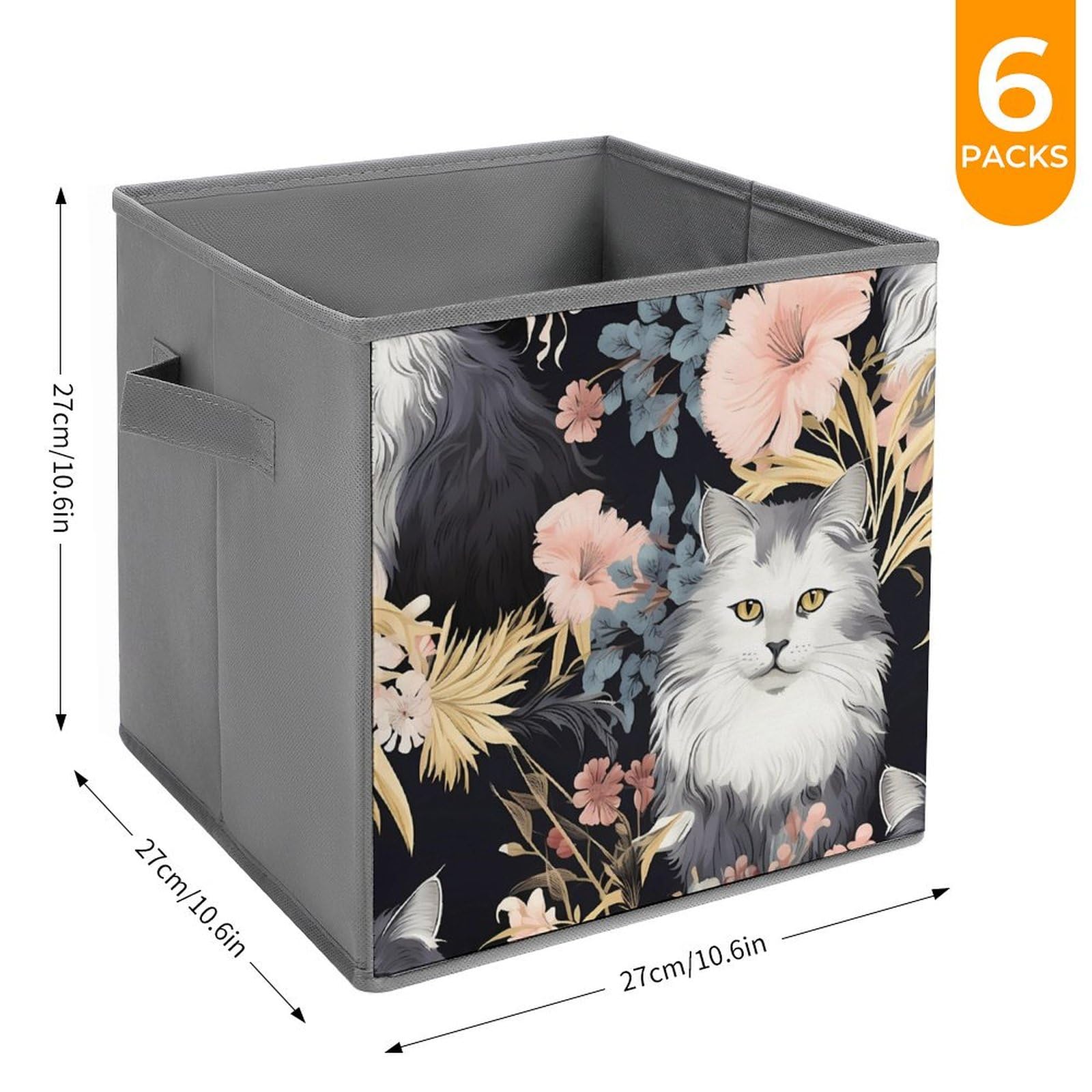 Foldable Storage Cubes with Handles - 6 Pack Cat & Butterfly Pattern Square Bins for Home Organization, Closet, Nursery, Kids Room & Pet Supplies Storage - Perfect for Toys, Books, Laundry & More