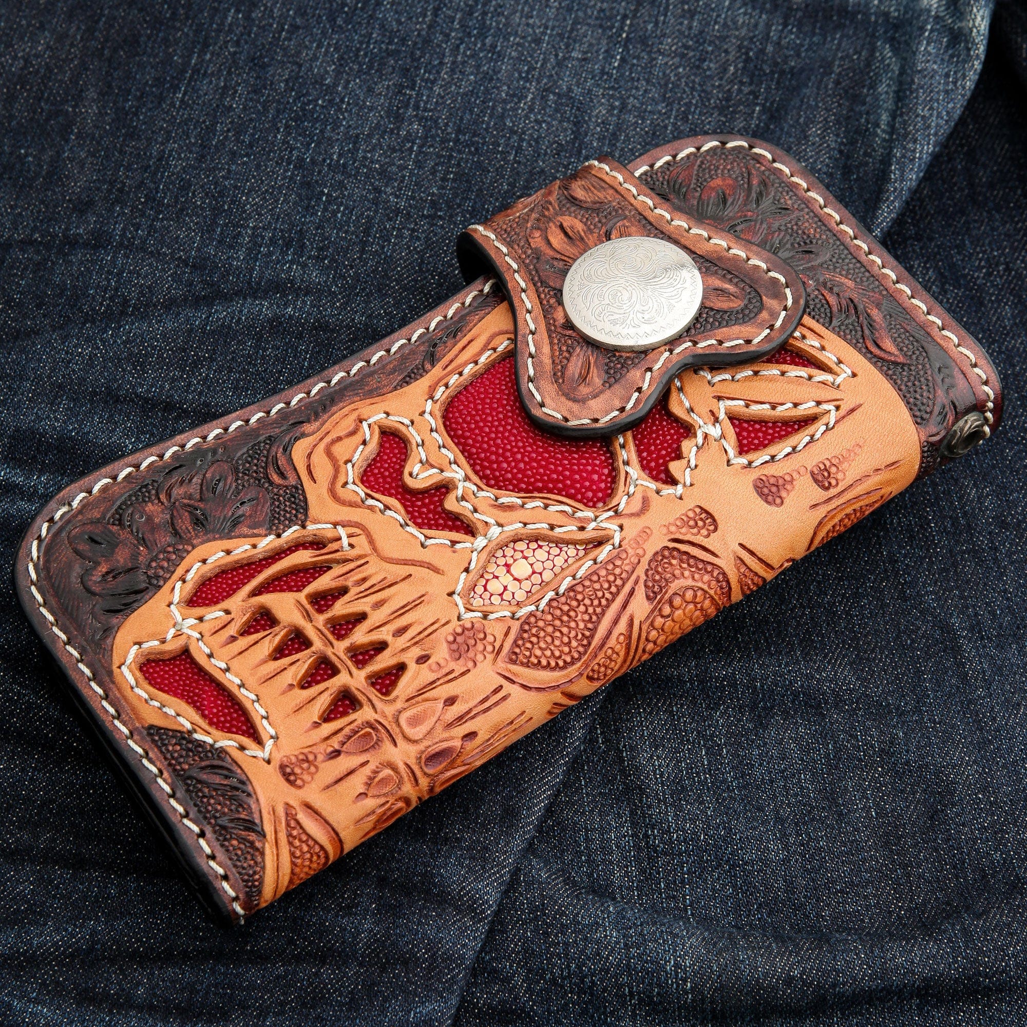 Handmade Genuine Red Stingray Leather Biker Wallet with Skull Design - Perfect for Motorcycle Riders & Gift for Men
