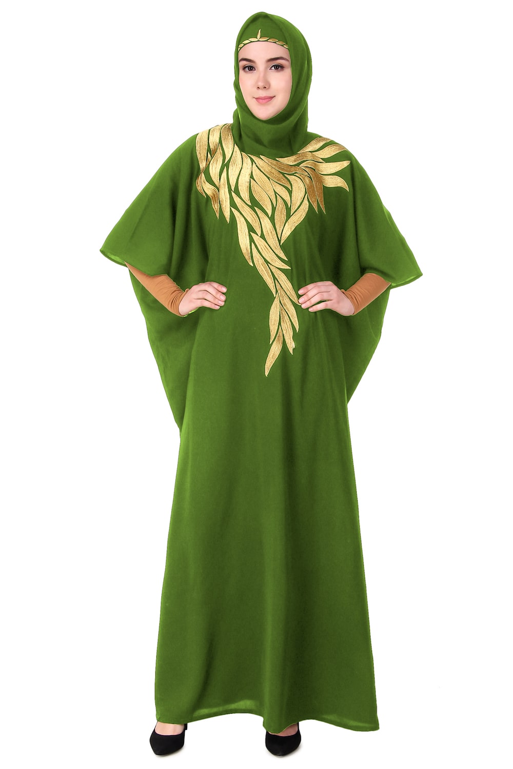 Handmade Gold Embroidered Multi-Leaf Design Kaftan Dress - Elegant Boho Chic Loungewear for Women, Perfect for Beach Cover-ups, Resort Wear & Summer Evenings