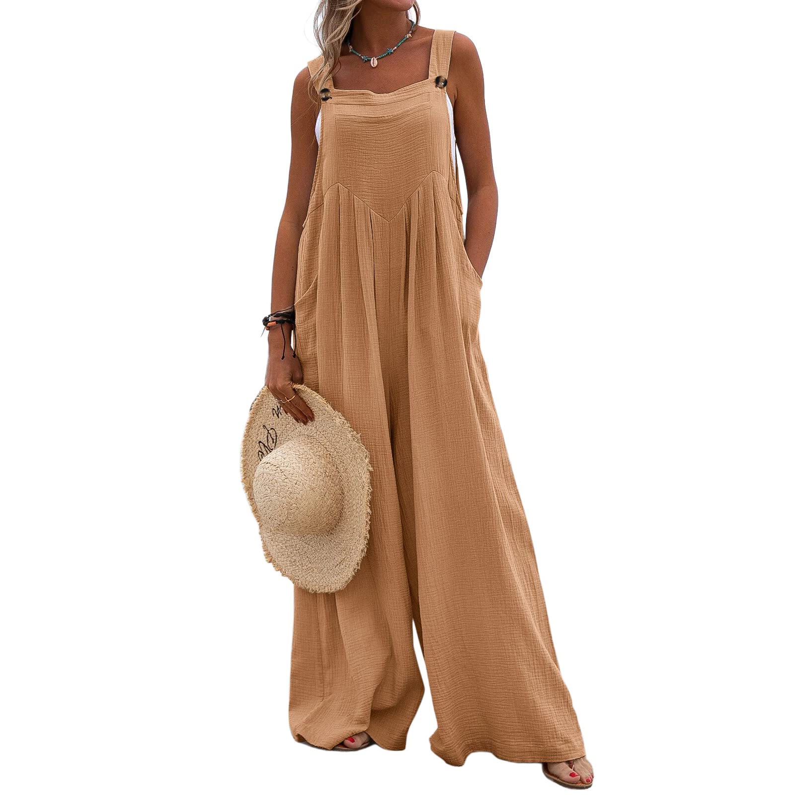 Kaipiclos Women's Baggy Overalls - Plus Size Wide Leg Jumpsuit, Loose Linen Suspender Overalls with Pockets - Solid Color Summer Outfit for Casual Wear, Street Style & Outdoor Activities