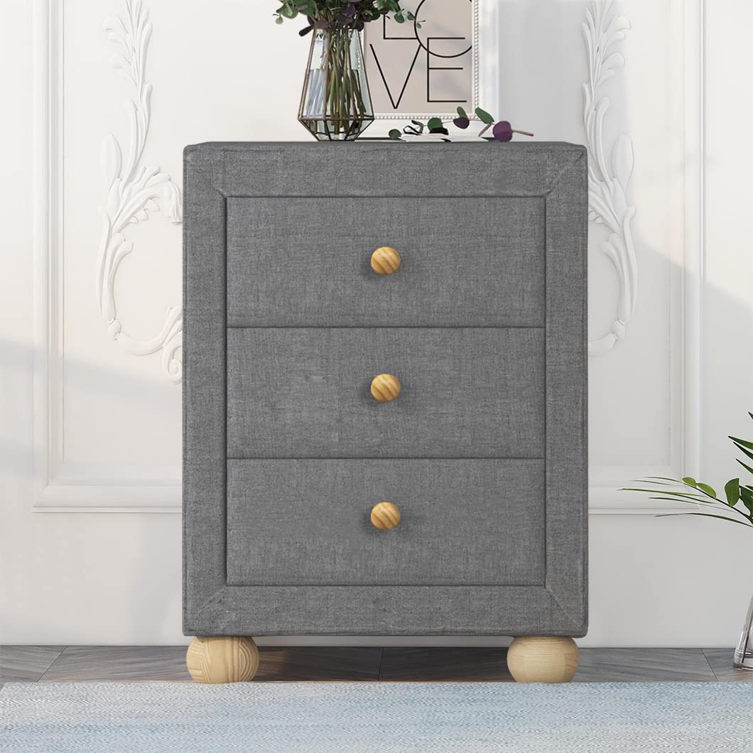 Modern Upholstered Nightstand with 3 Drawers & Open Shelf - Fabric Bedside Table with Wood Knobs for Bedroom - Velvet Accent Table for Living Room Decor - Beige Storage Cabinet for Home Organization (Ideal for Bedside Storage, Living Room Side Table & Bedroom Decor)