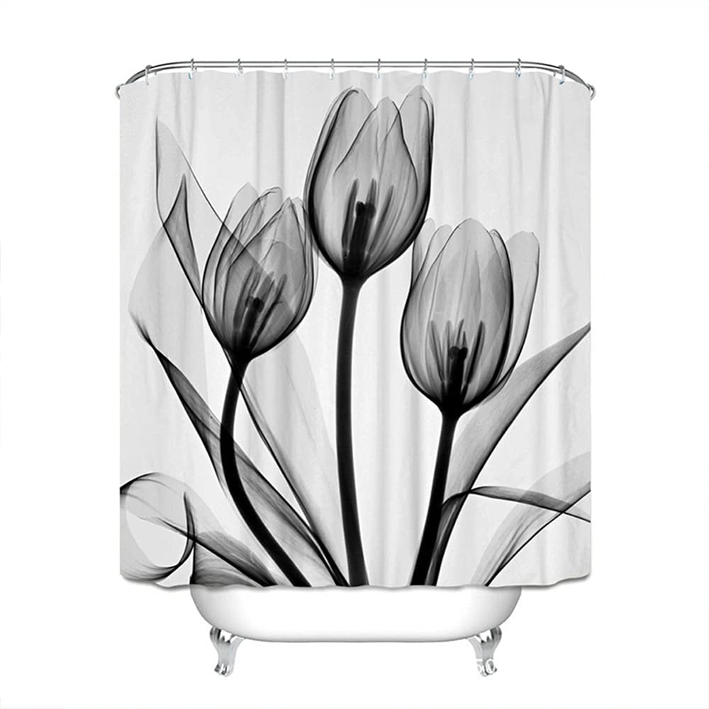 TEQIN Thickened Waterproof Shower Curtain - 70x70 Inch Grey Lotus Design with Hanging Hooks | Bathroom Decor for Summer | Washable & Durable Polyester Fabric for Bath, Shower, and Tub Enclosures