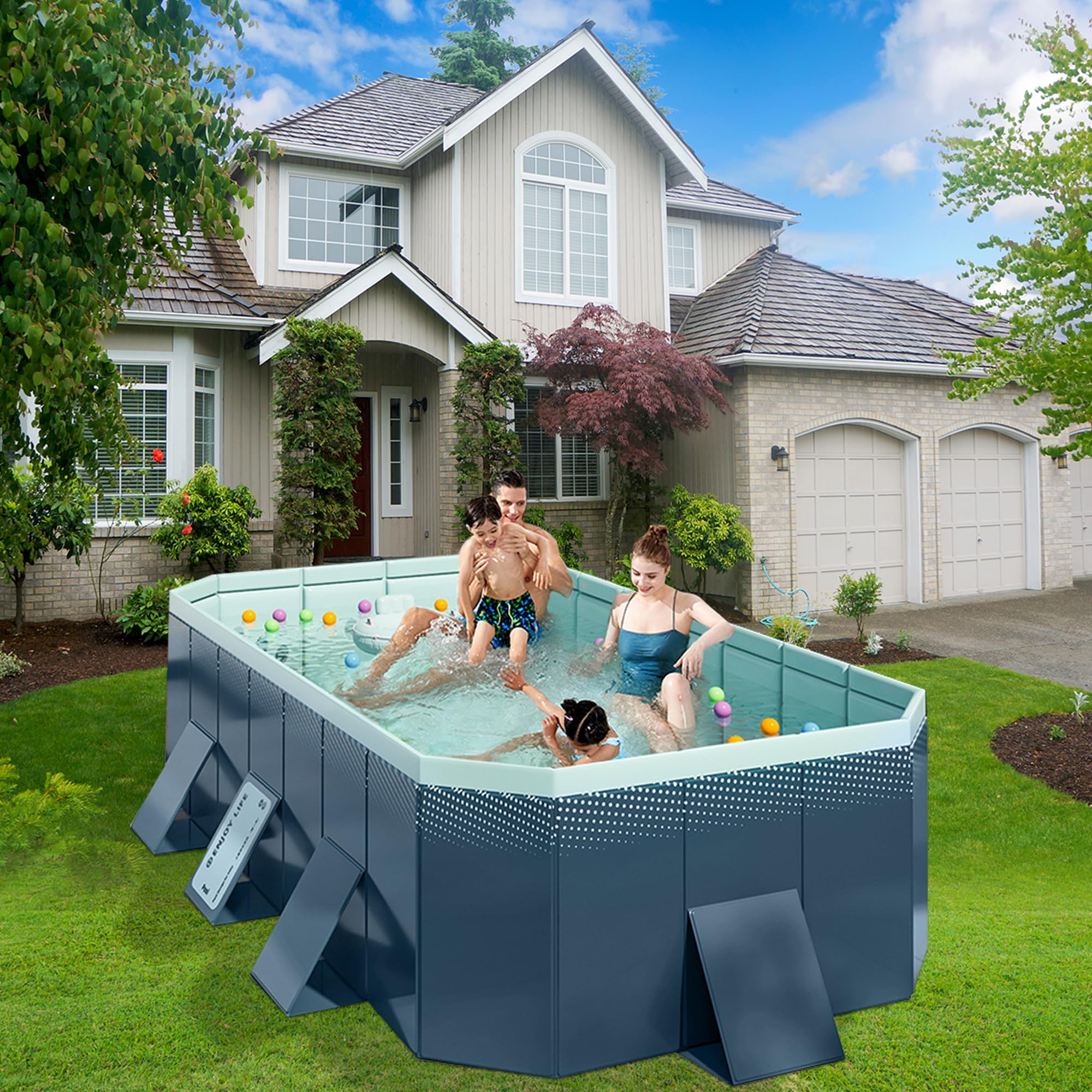Foldable Non-Inflatable Rectangular Above Ground Swimming Pool for Kids & Adults - Durable Hard Plastic Shell Backyard Pool (118.11