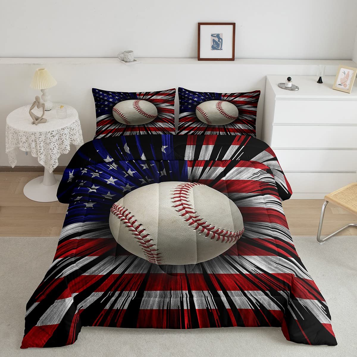 American Flag Baseball Comforter Set Twin Size - 3D USA Flag Print Sports Theme Quilt for Kids & Boys Bedroom - Black Pleated Microfiber Bedding with Pillow Sham - Perfect for Game Day Decor & Patriotic Room Themes