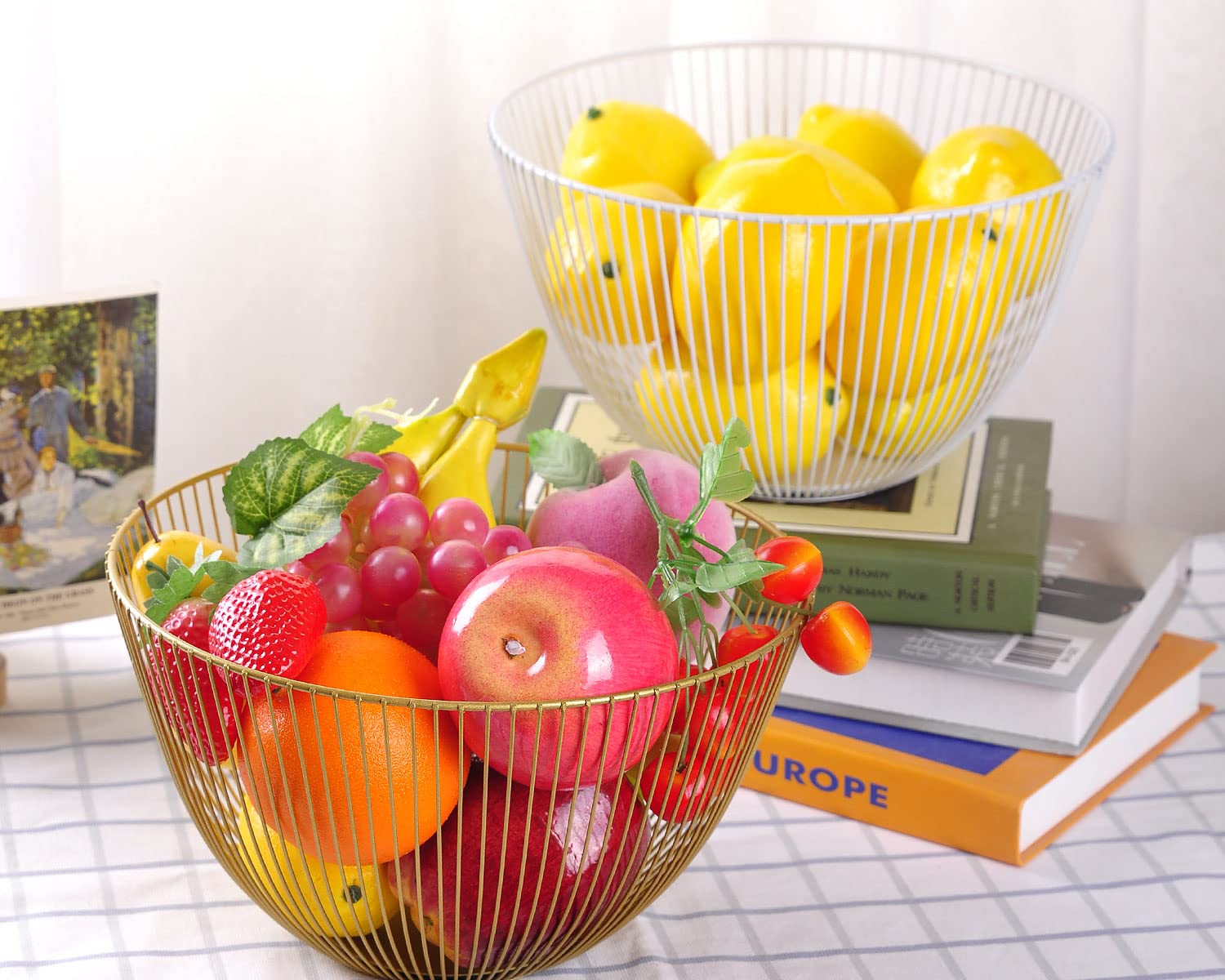 Stainless Steel Wire Fruit Basket - Round Gold Metal Fruit Bowl for Kitchen Countertop | Rust-Proof & Durable Fruit Holder for Dining Table, Pantry, or Farmhouse Decor