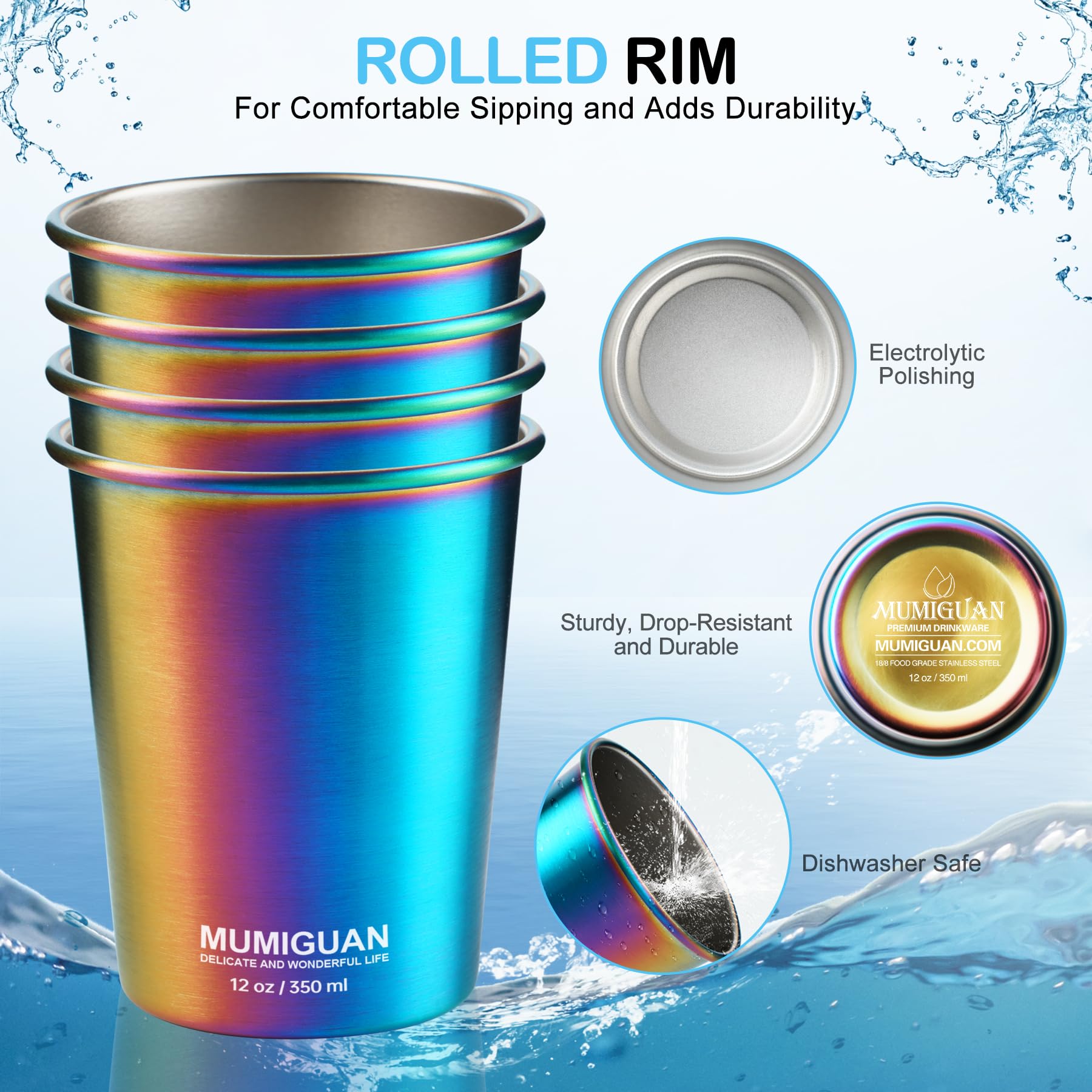 12oz Stainless Steel Kids Cups (4 Pack) - Rainbow Electroplated, BPA-Free, Stackable Metal Drinking Glasses for Toddlers - Perfect for Camping, Travel, and Everyday Use
