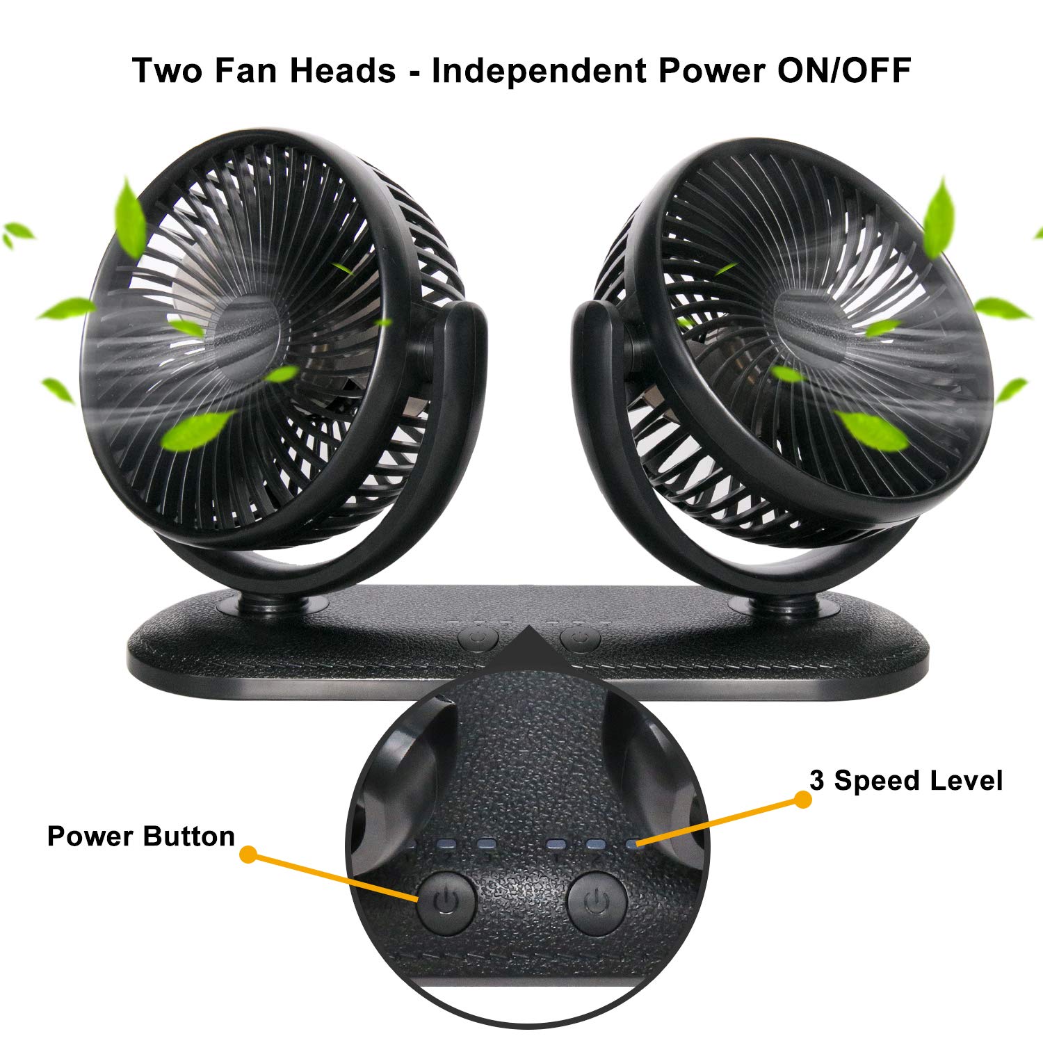 TriPole Dual Head USB Car Fan - 300° Adjustable, 3-Speed Strong Wind Cooling Fan for Dashboard, SUV, RV, Truck | Portable Electric Vehicle Fan for Home, Office & Travel Use