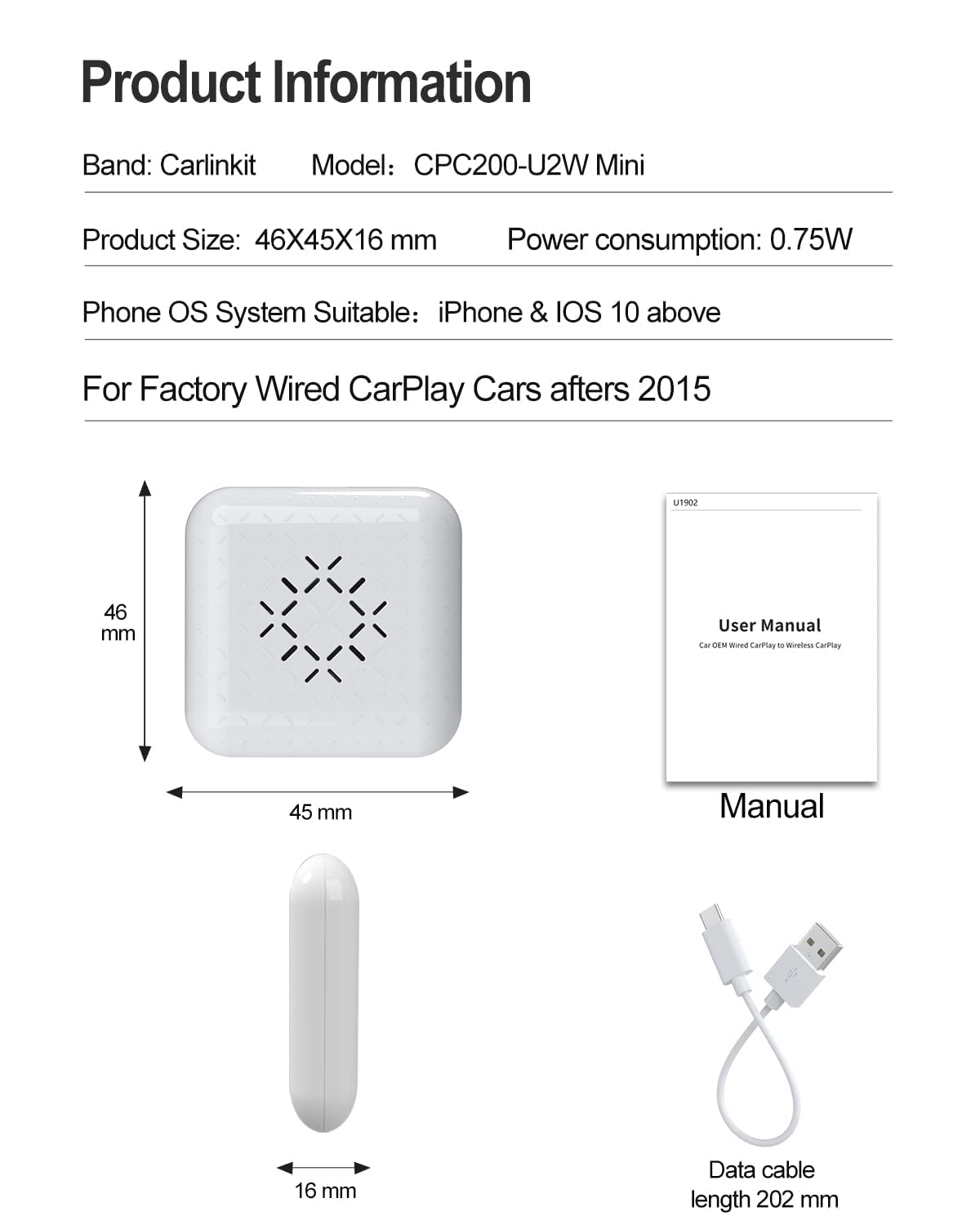 CarlinKit 3.0 Mini Wireless CarPlay Adapter - Convert Wired to Wireless CarPlay for iPhone iOS 10+ (2016+ Cars) | Seamless Music Streaming & Hands-Free Calling for Safer Driving