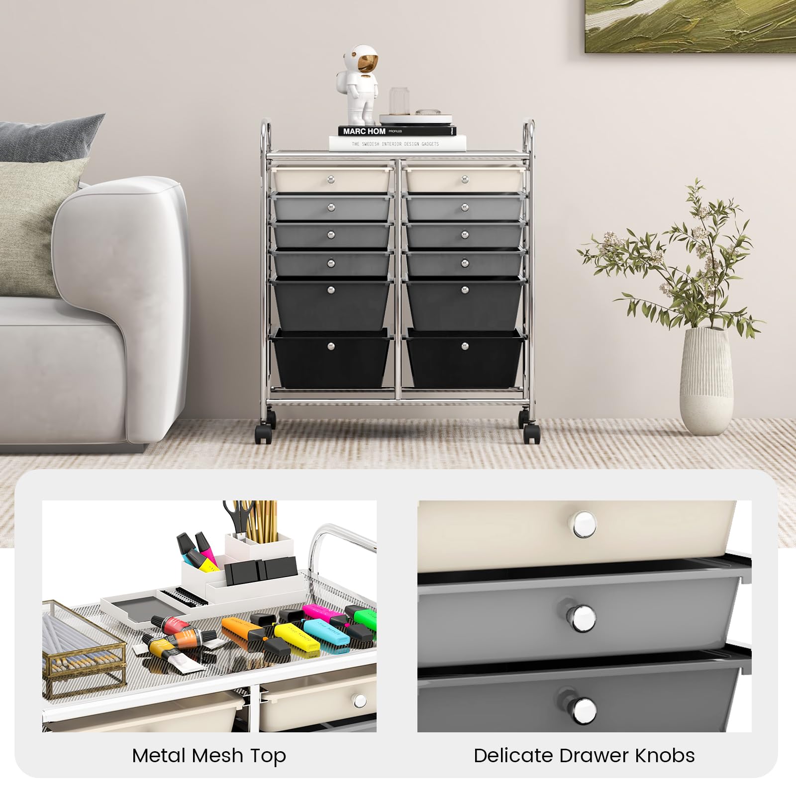 RELAX4LIFE 12-Drawer Rolling Craft Storage Cart with Wheels - Mobile Organizer for Art Supplies, Office, Beauty Salon & School Use - Space-Saving Gradient Black Utility Cart for Home, Studio & Classroom Organization