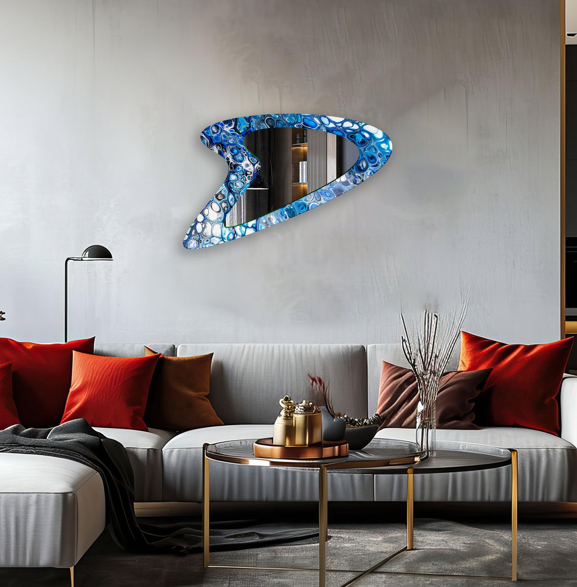 Blue Bubbles Modern Abstract Glass Wall Mirror - Elegant Home Decor for Living Room, Bedroom & Entryway