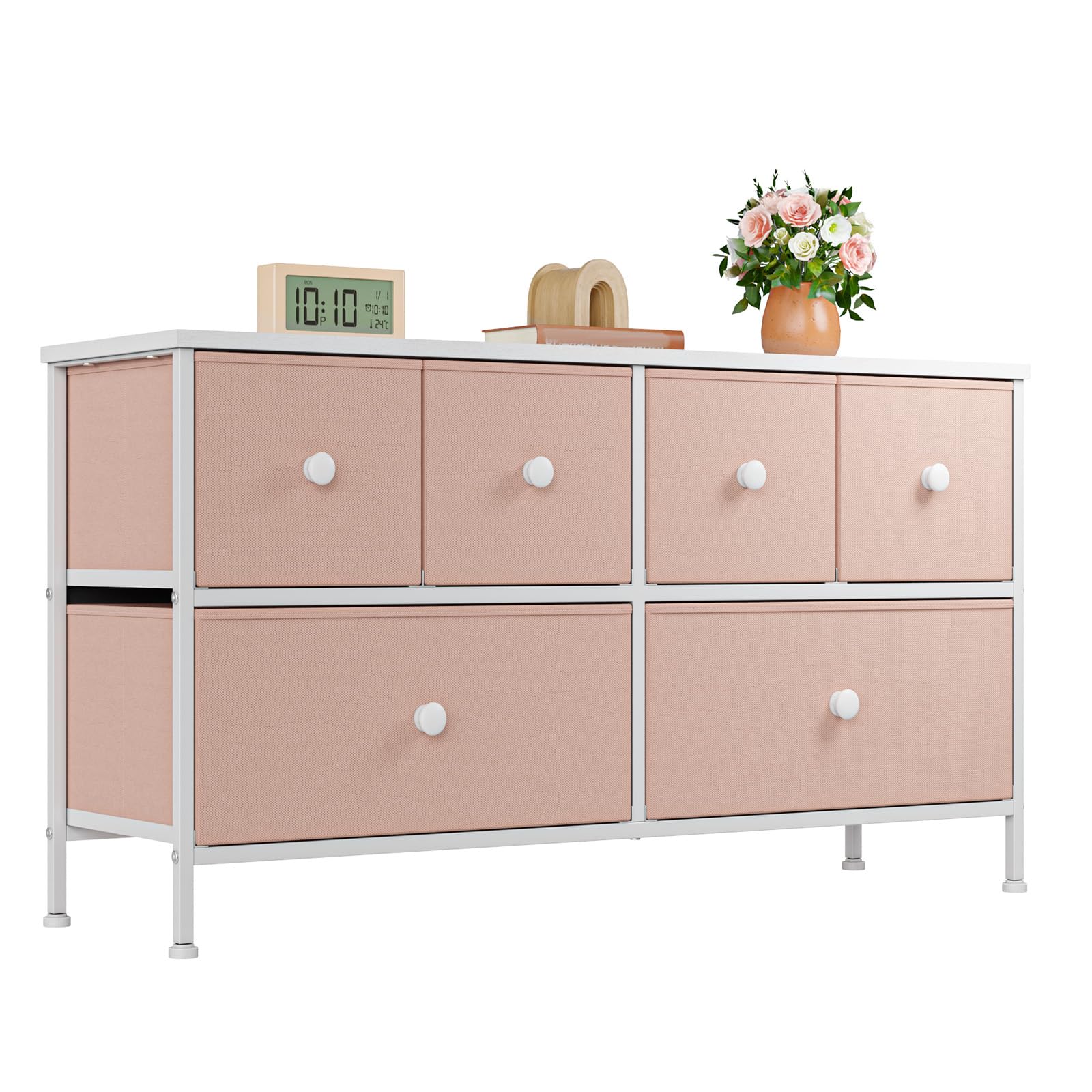 Pink 6-Drawer Fabric Dresser for Bedroom - Wide Storage Chest with Drawers, TV Stand & Closet Organizer for Hallway, Nursery or Dorm Room | Modern Home Decor & Space-Saving Solution